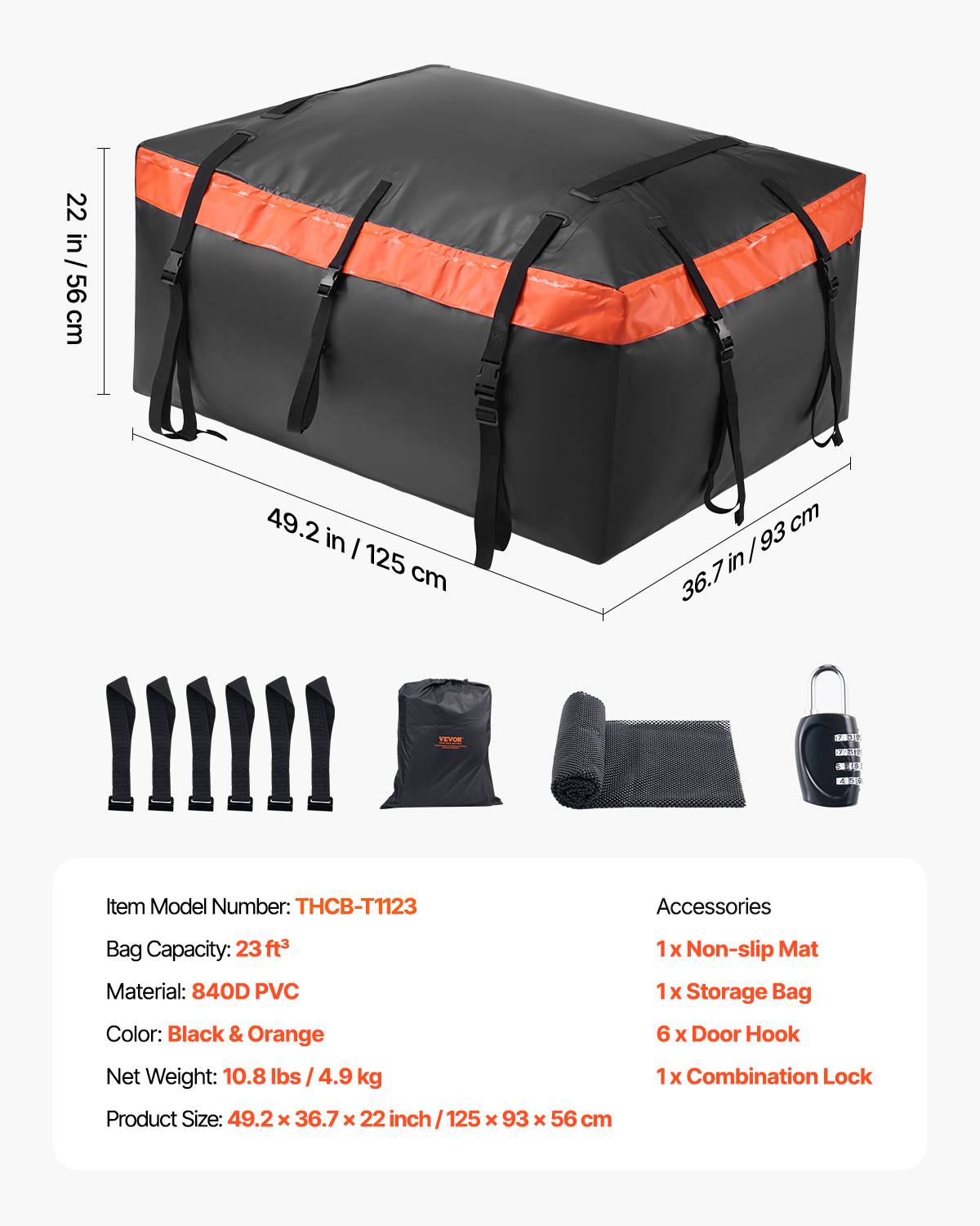 VEVOR Sac de toit voiture 651 L, étanche PVC 840D, serrure, tapis anti-dérapant, 6 crochets. - Image 7