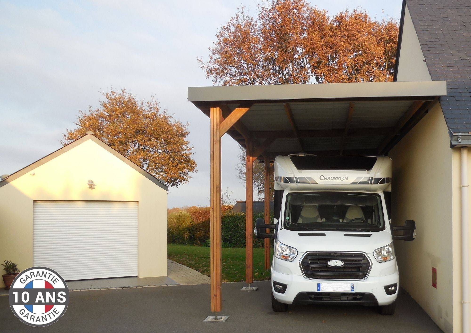 Cpbf Charpentes - Carport toit plat adossé 400cmx750cm bois DOUGLAS français (charpente - auvent - abri camping-car). 30 m². Garantie 10 ans. - Image 3