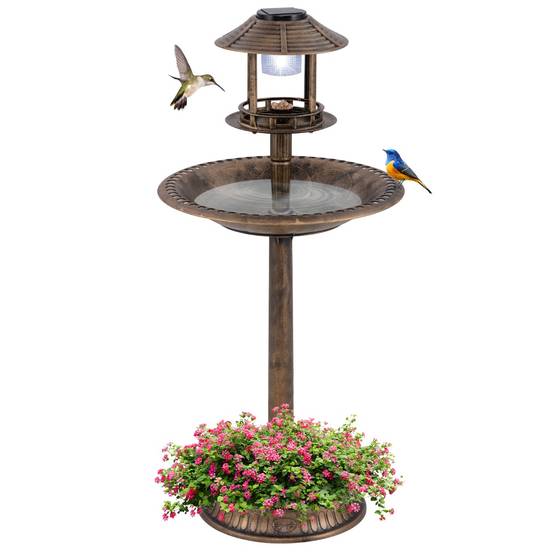 Bain d'Oiseaux Solaire d'Extérieur Éclairé Nourrisseur d'Oiseaux 3 en 1 avec Base de Jardinière Lampe Solaire 51 x 51 x 107 cm Bronze F62R - Image 1