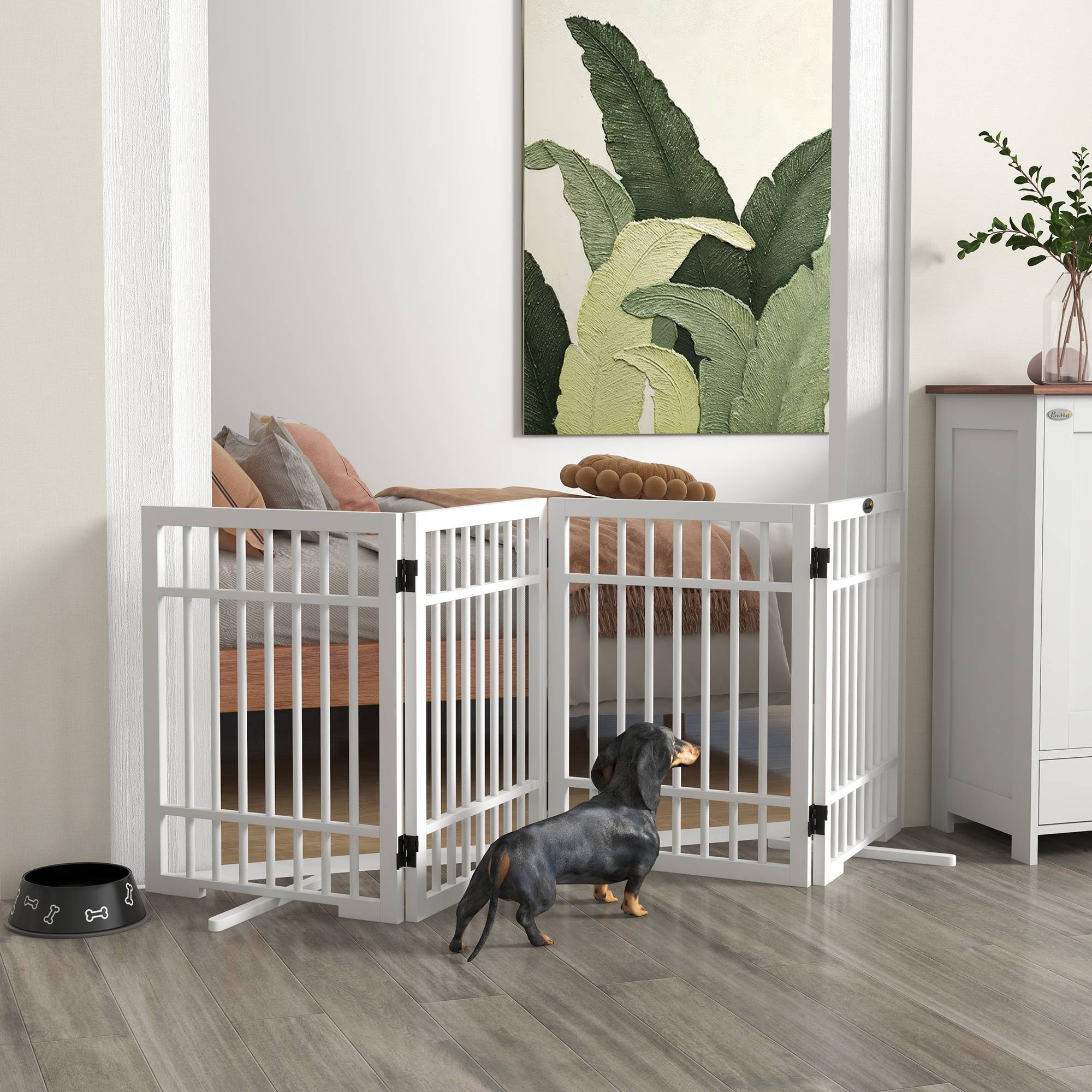 Barrière pour chien, pliable et antidérapante, pieds pivotants, cadre bois, 183x24,5x61 cm, blanc - Image 3