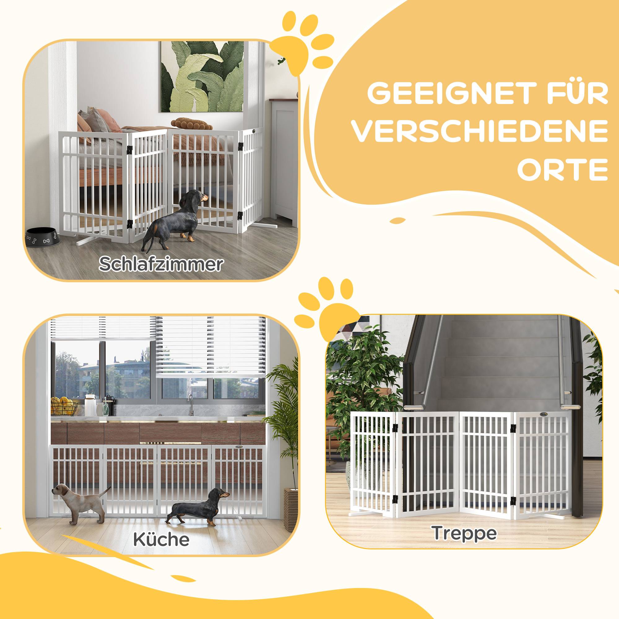 Barrière pour chien, pliable et antidérapante, pieds pivotants, cadre bois, 183x24,5x61 cm, blanc - Image 6