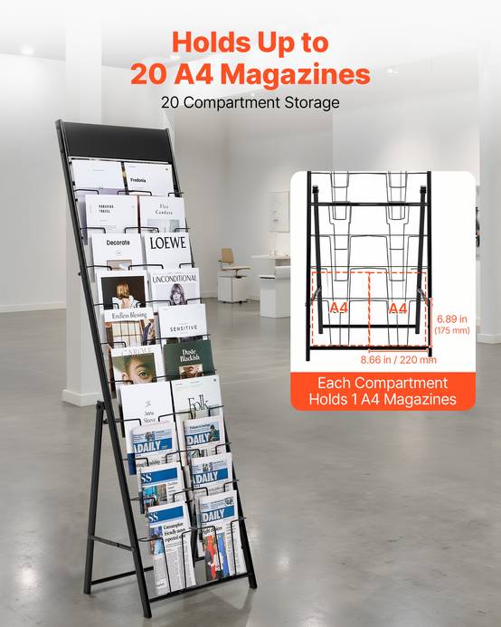 VEVOR Présentoir à brochures sur pied en métal 20 pochettes pour magazines noir - Image 2