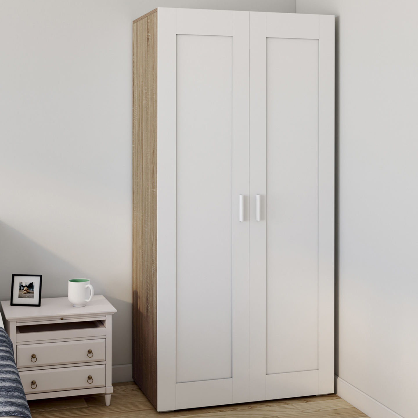 Armoire 2 portes VITO blanc et bois penderie 80 cm avec étagères rangement maxi capacité - Image 1