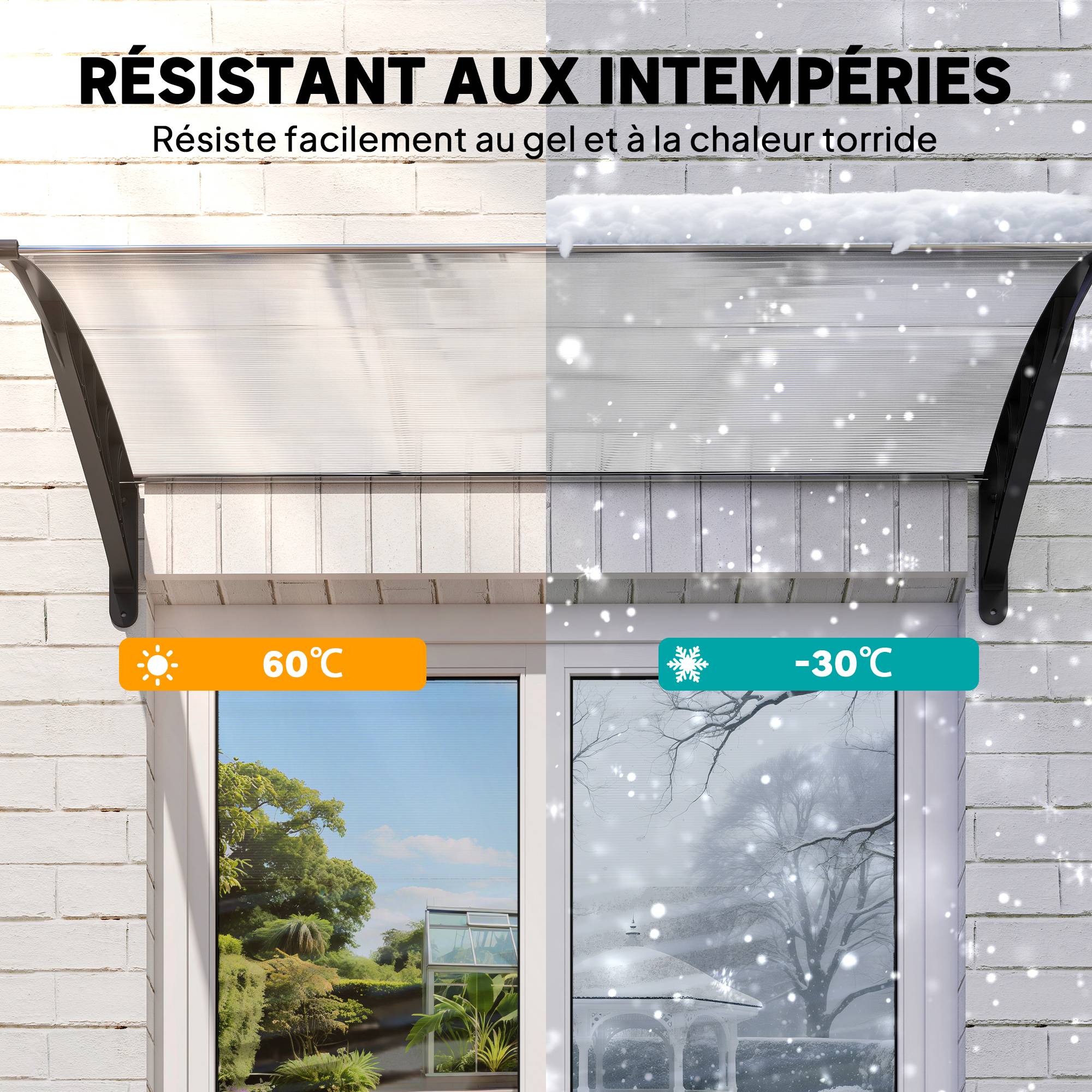 Auvent de porte d'entrée toit marquise en polycarbonate protection contre pluie neige UV 0,9 x 1,5 m, transparente - Image 8