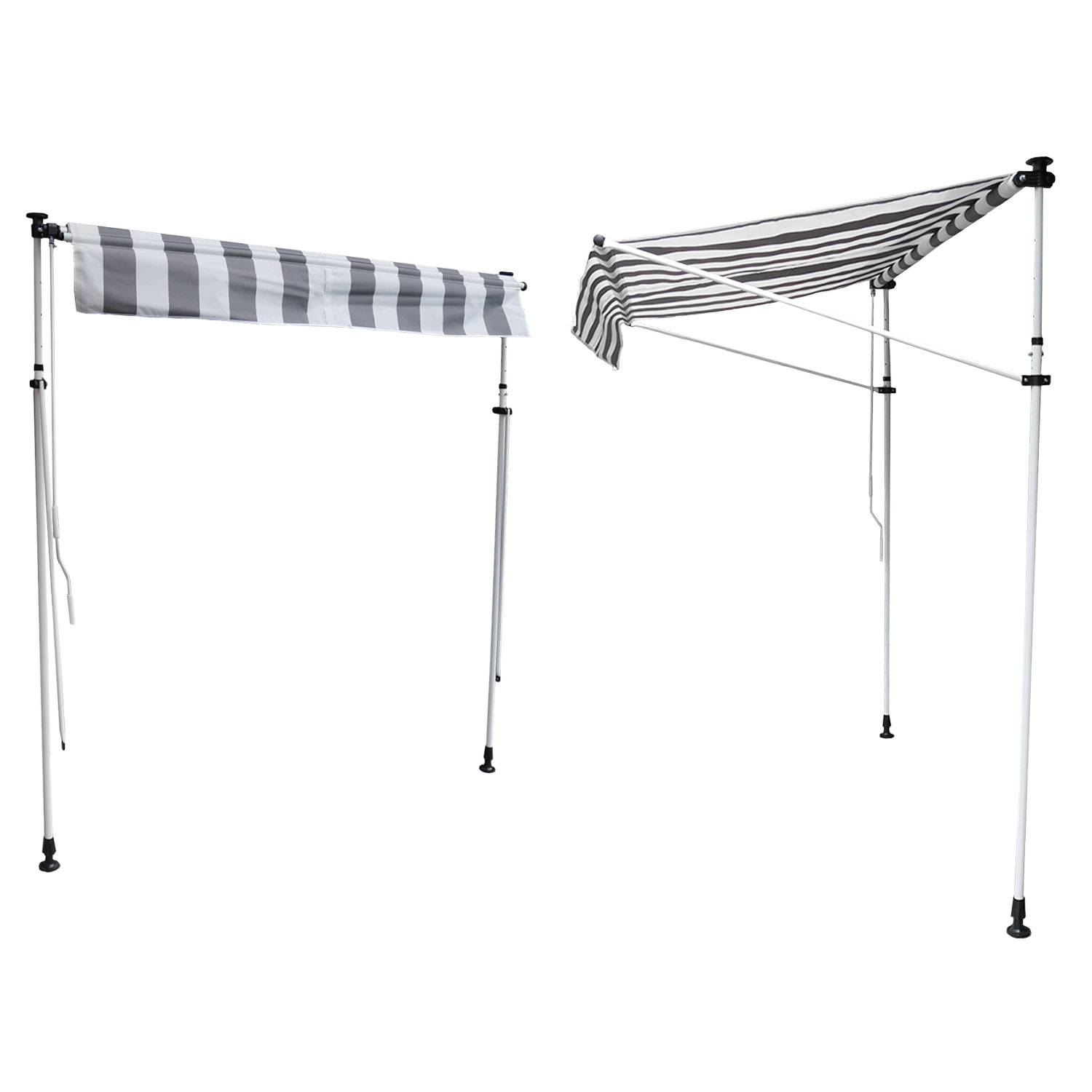 Happy Garden - Store banne pour balcon CHENE 3 × 1,2m - Toile rayée blanche/grise et structure blanche - HAPPY GARDEN - Image 2
