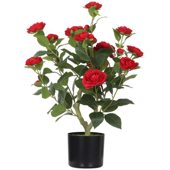 Sans Marque - Planta Artificial Camelia 65 cm Árbol Maceta Flores Seda 116 Hojas Musgo Rojo - Image 2