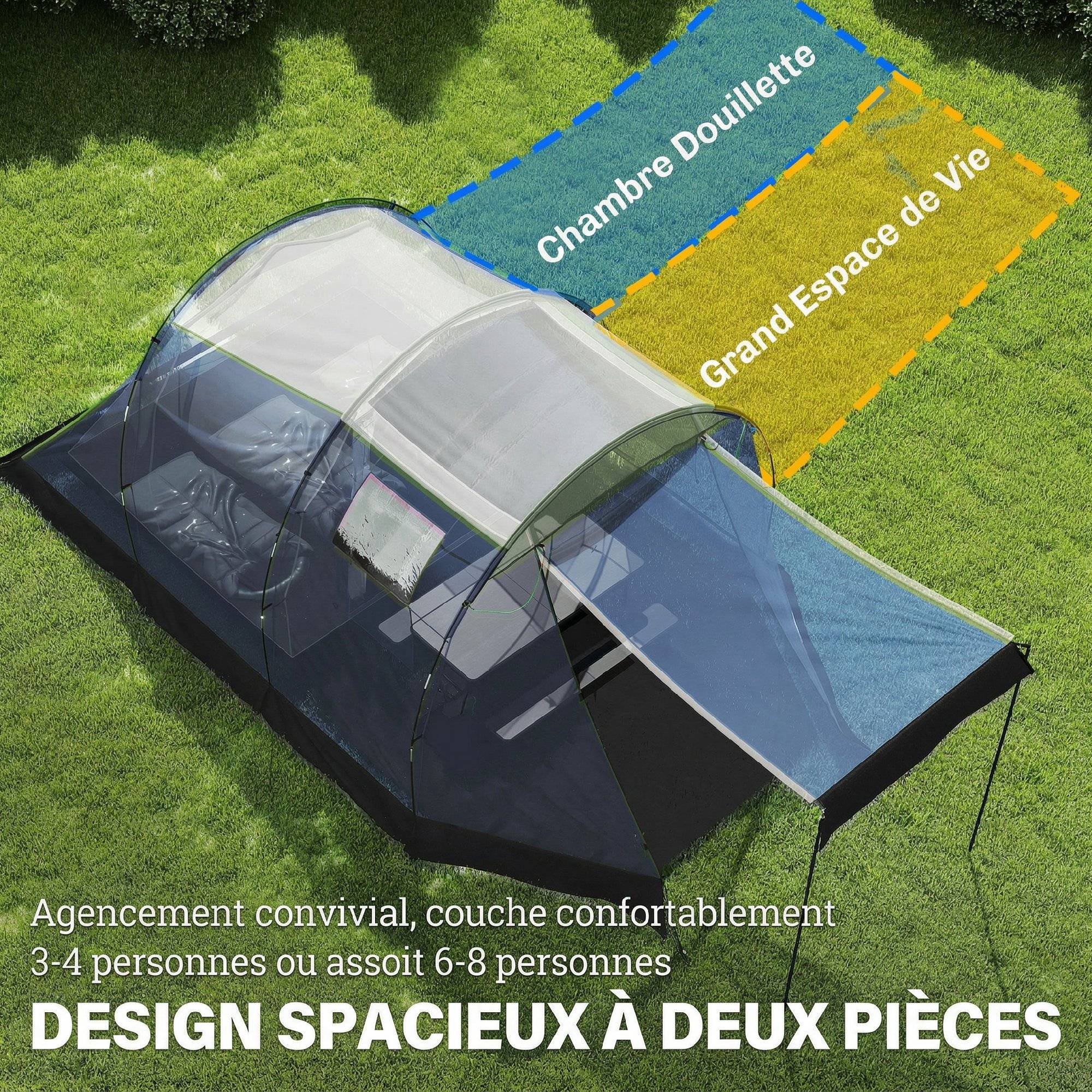 Tente tunnel 4 personnes imperméable 3000 mm double couche avec hauteur 190 cm bleu foncé familiale - Image 6