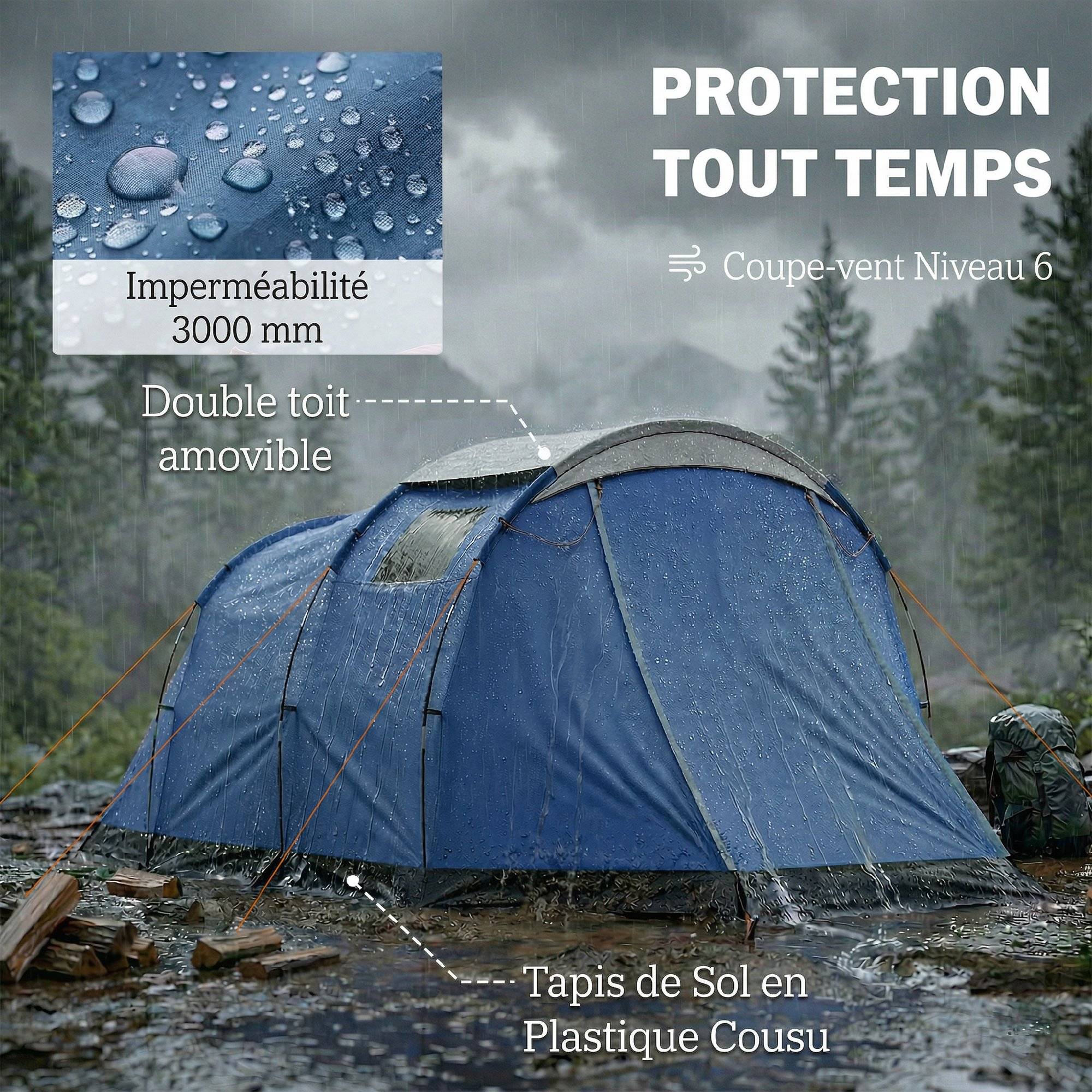 Tente tunnel 4 personnes imperméable 3000 mm double couche avec hauteur 190 cm bleu foncé familiale - Image 7