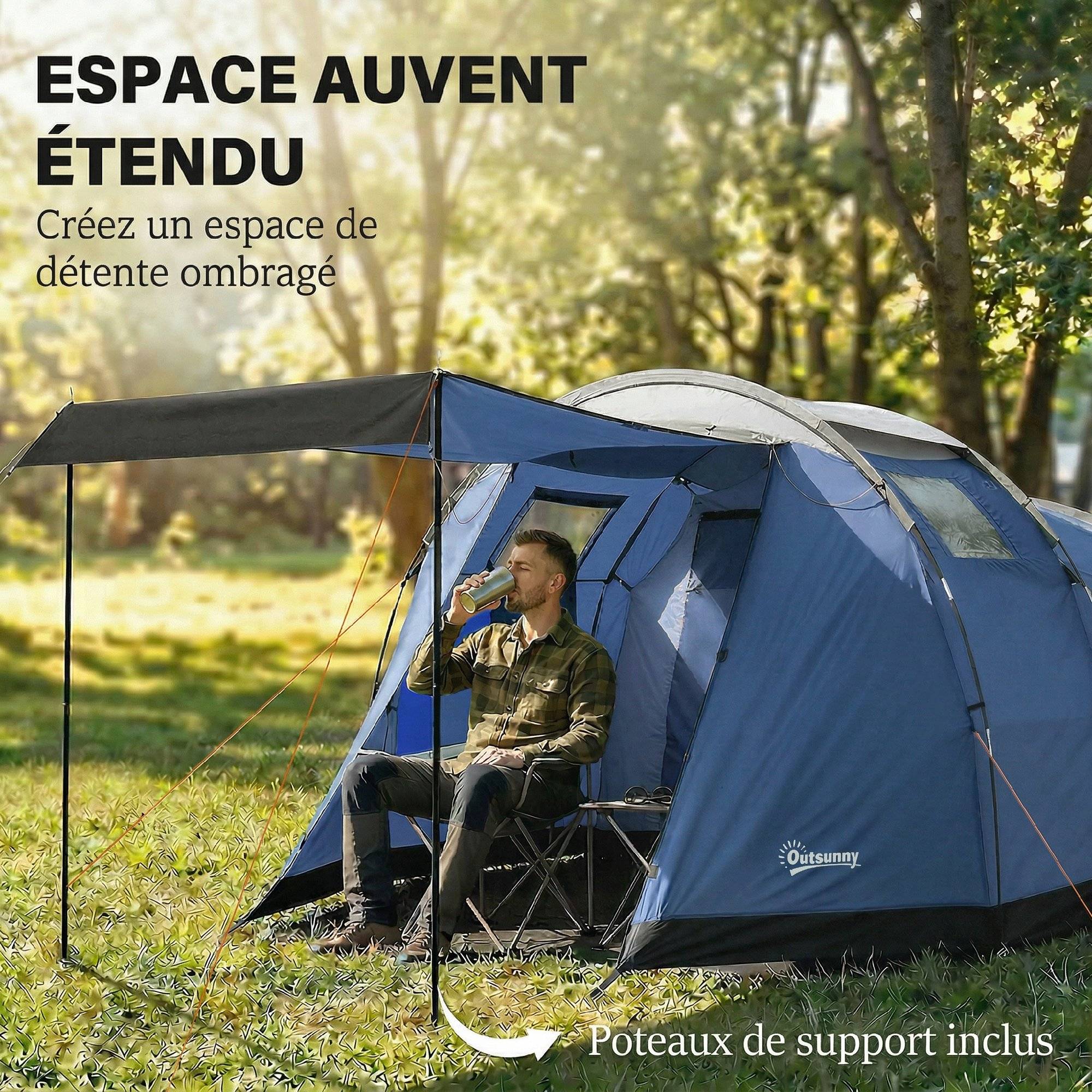 Tente tunnel 4 personnes imperméable 3000 mm double couche avec hauteur 190 cm bleu foncé familiale - Image 8