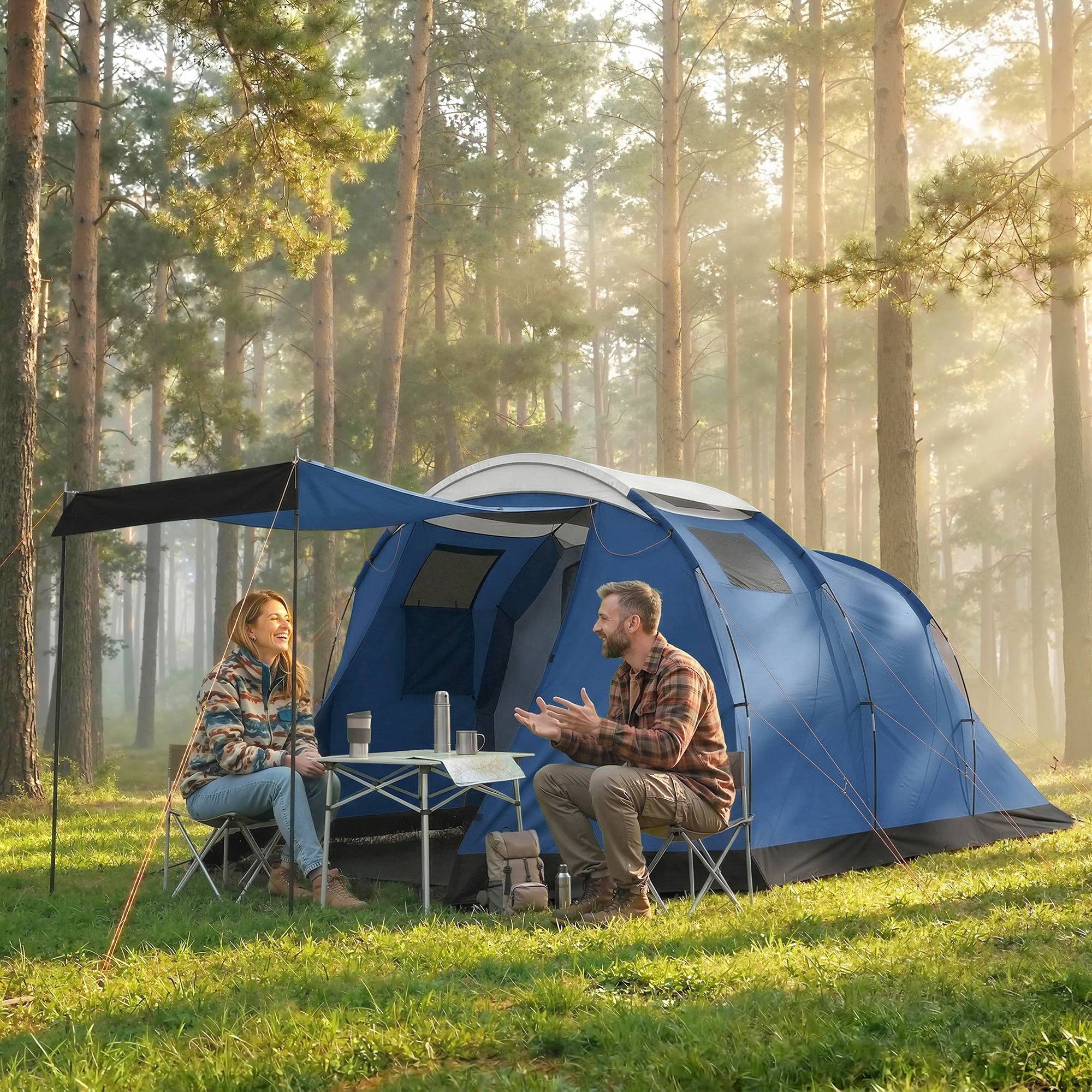 Tente tunnel 4 personnes imperméable 3000 mm double couche avec hauteur 190 cm bleu foncé familiale - Image 4