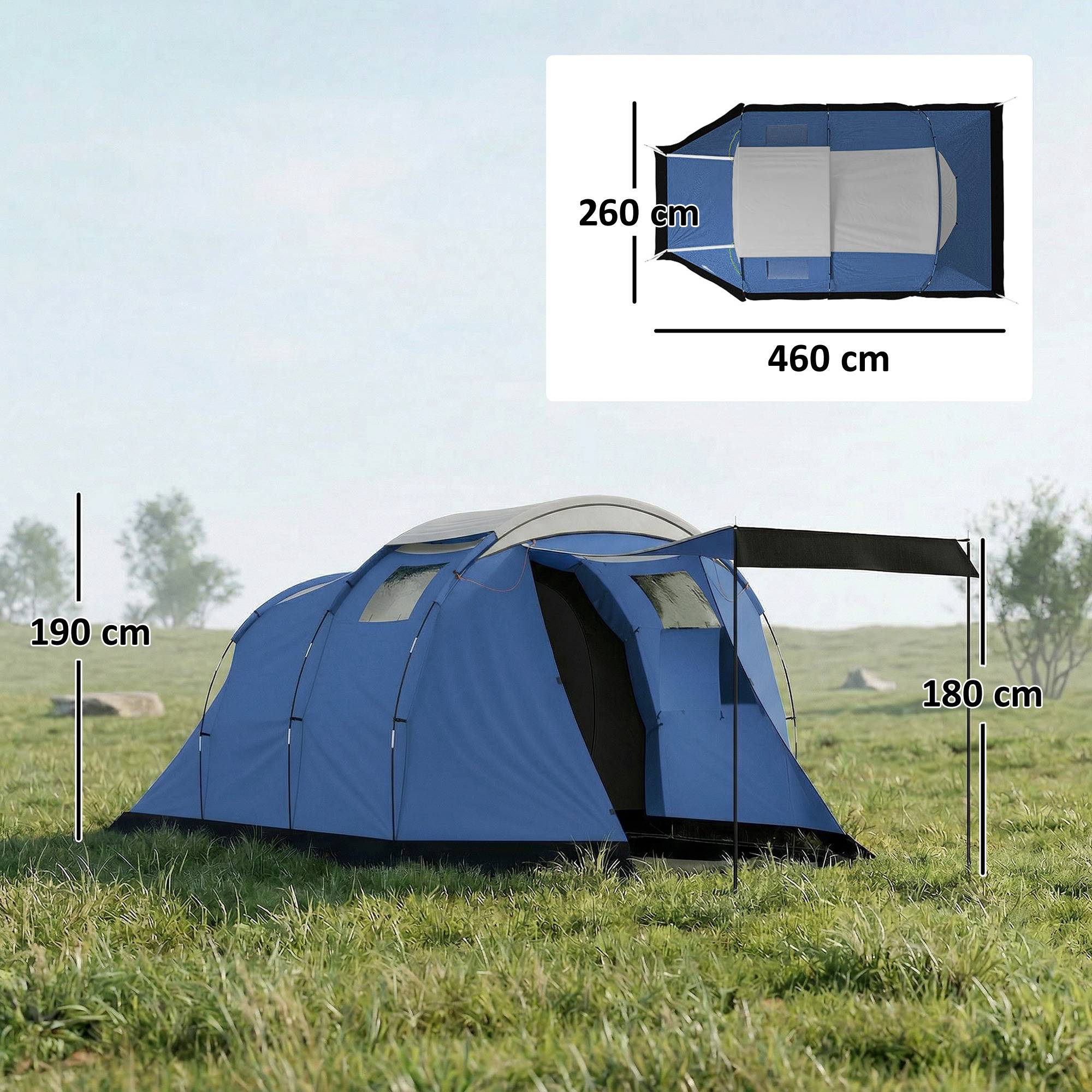 Tente tunnel 4 personnes imperméable 3000 mm double couche avec hauteur 190 cm bleu foncé familiale - Image 5
