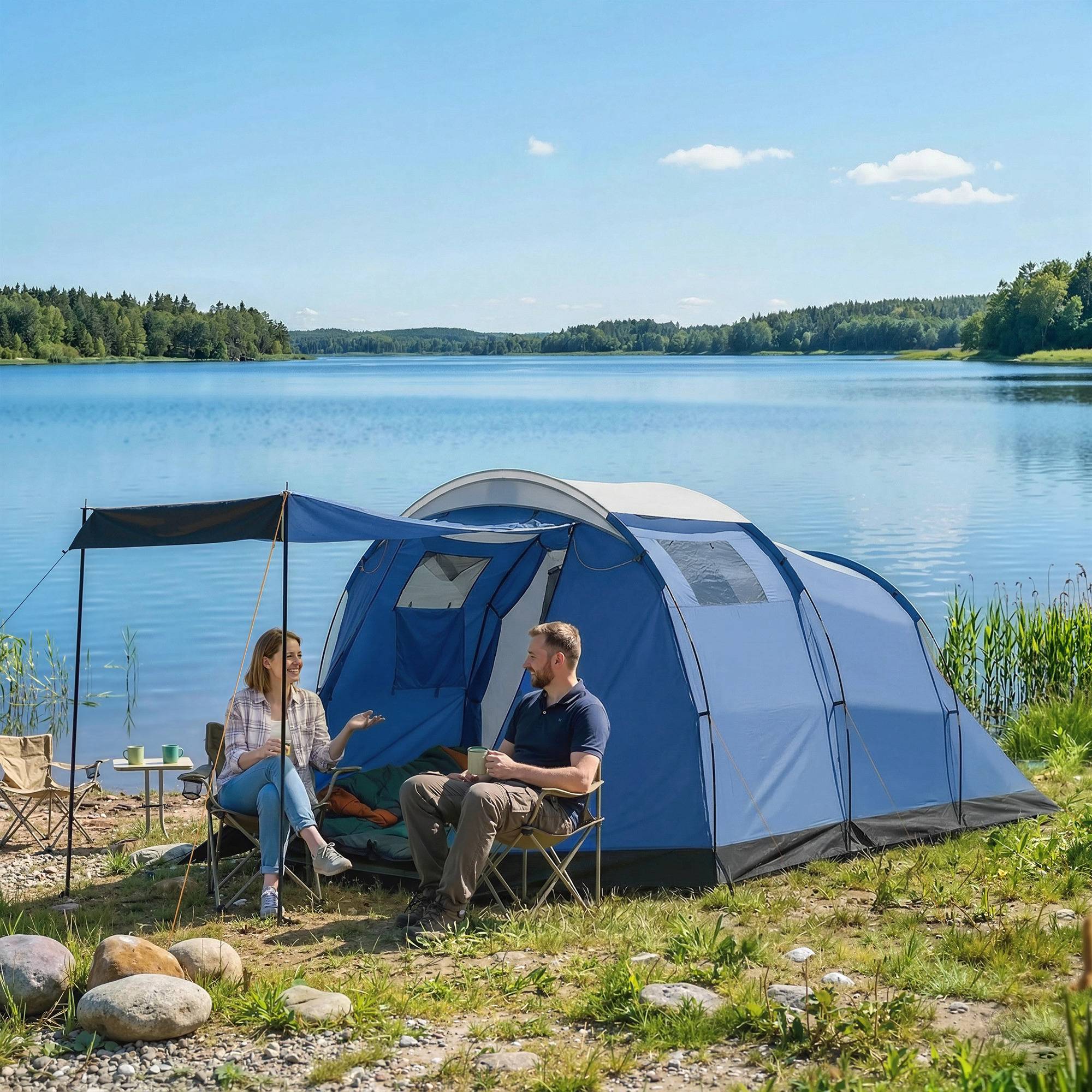 Tente tunnel 4 personnes imperméable 3000 mm double couche avec hauteur 190 cm bleu foncé familiale - Image 3