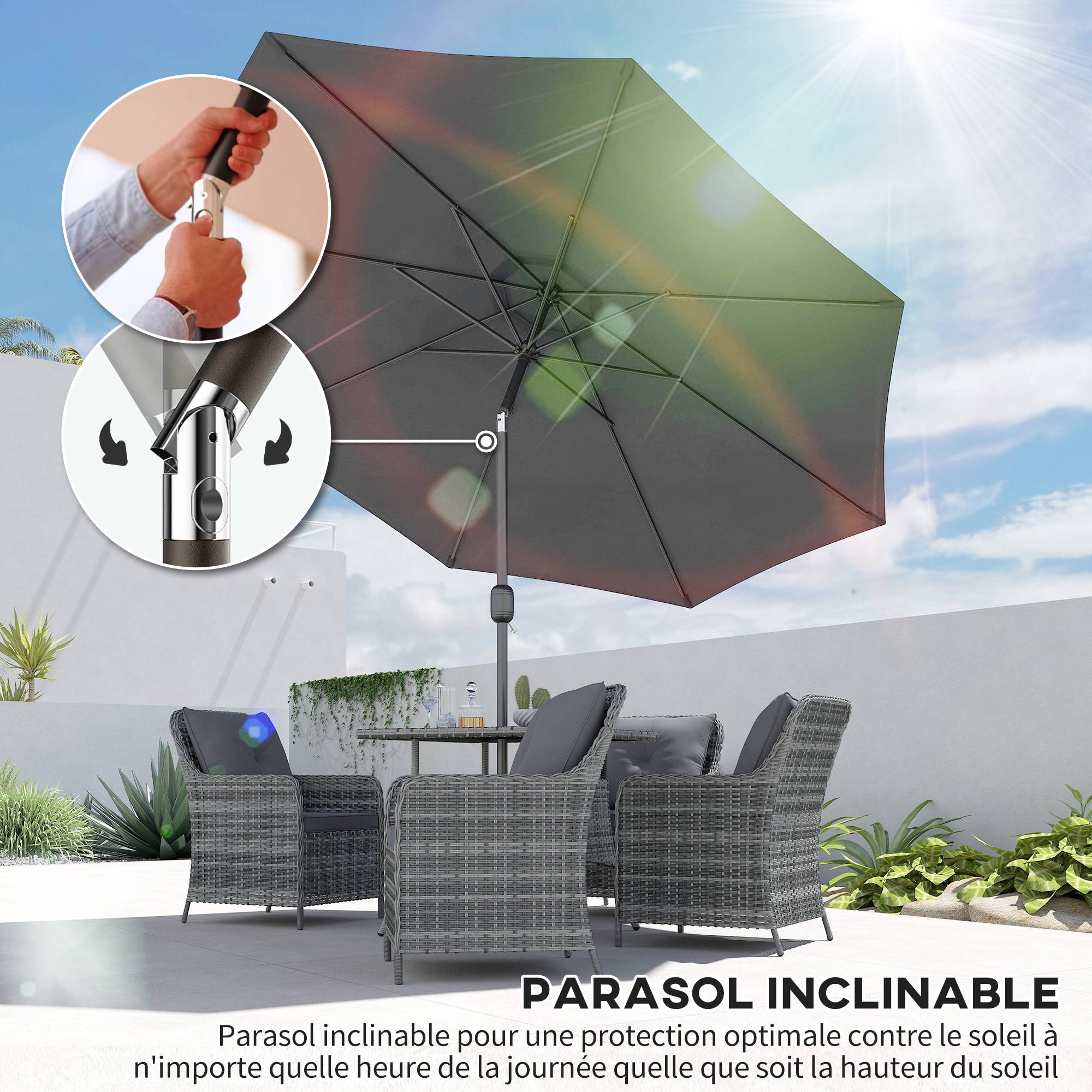 Parasol droit inclinable Métal Jardin terrasse Protection UV Ø2,95m Gris foncé - ComfortXL Outdoor Living - Image 6