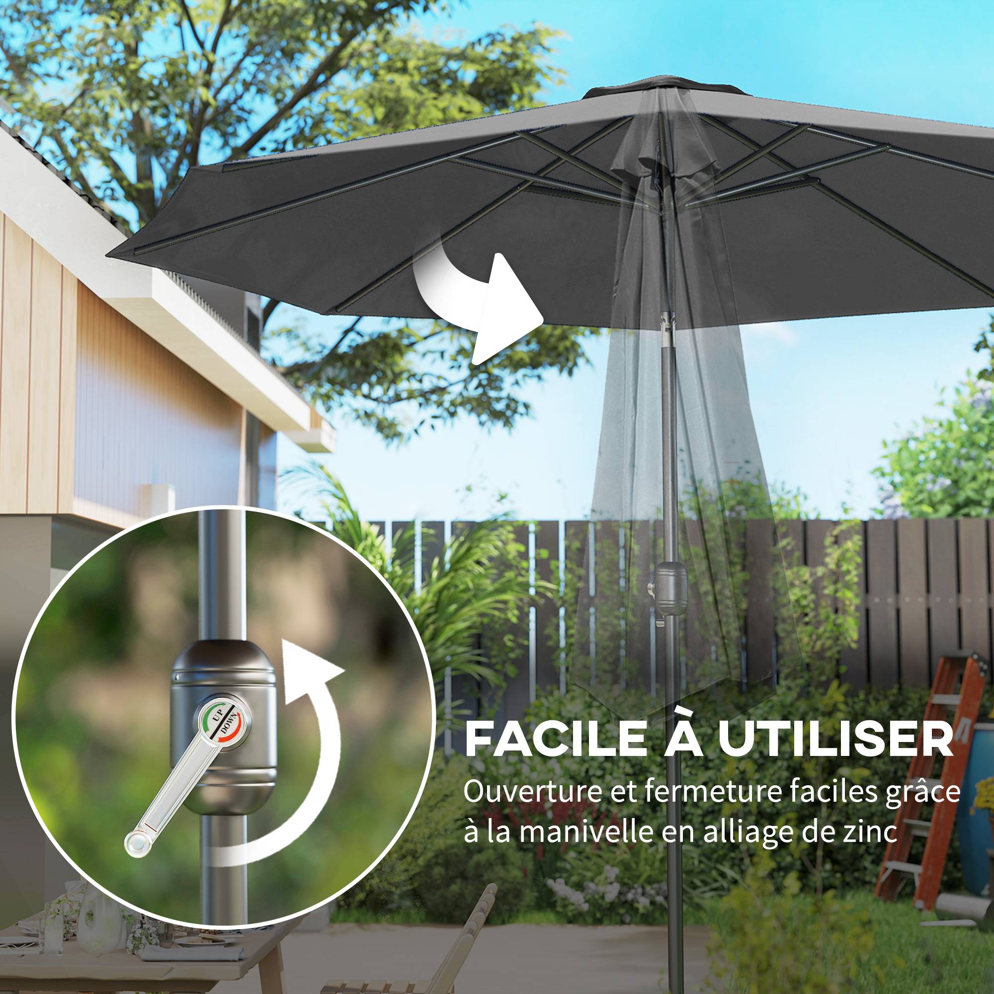 Parasol droit inclinable Métal Jardin terrasse Protection UV Ø2,95m Gris foncé - ComfortXL Outdoor Living - Image 7