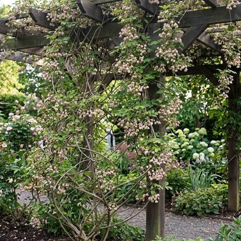 Holboellia traversii à fleurs Rose - feuillage Persistant - Pot de 3L - Echelle bambou 60/120 cm- hauteur à maturité De 3,00 m à 5,00 m - Image 3