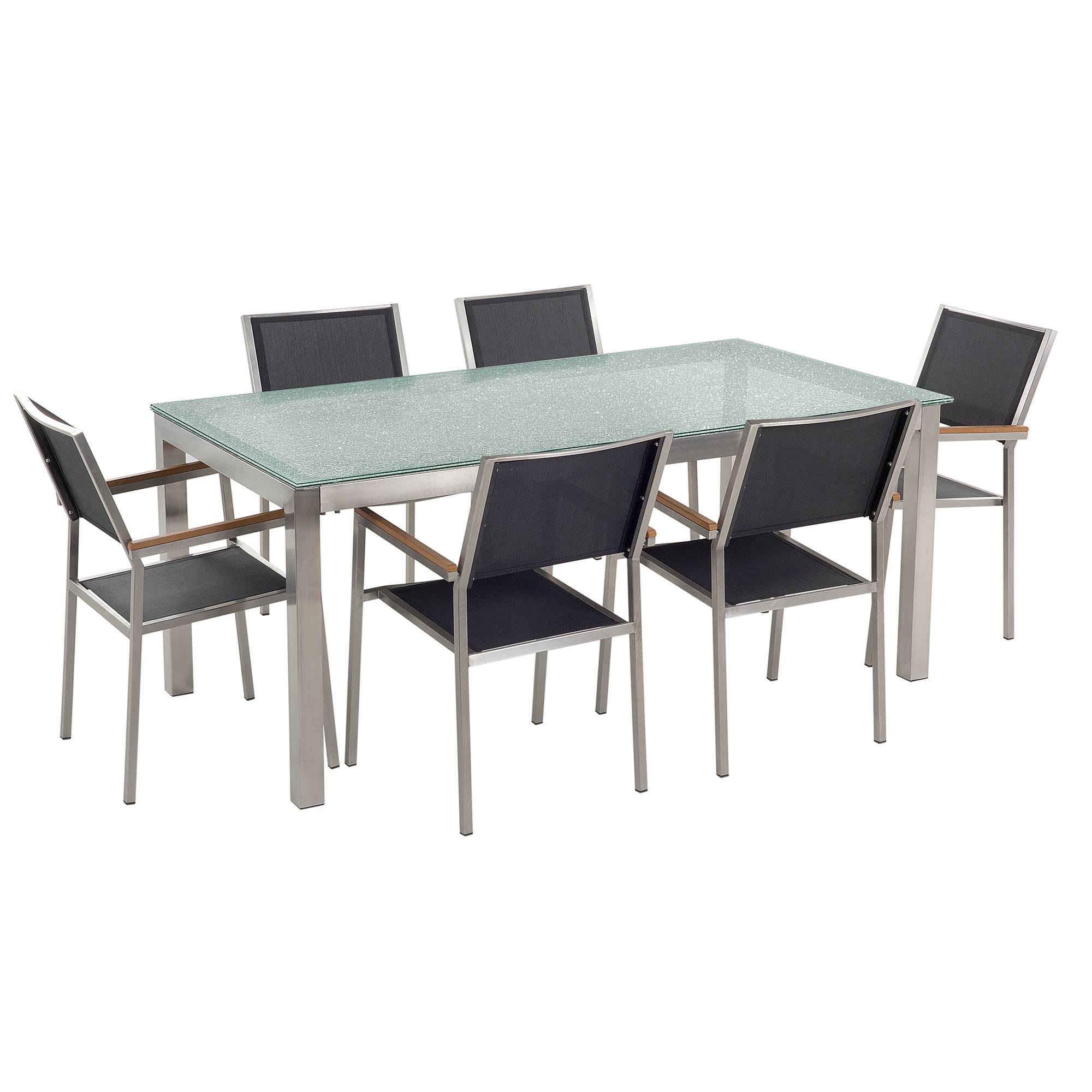 Beliani - Salon de Jardin composé d'une Table 180 x 90 cm et de 6 Chaises en Acier Inox, Textile Noir et Verre Effet Brisé au Design Moderne - Image 1