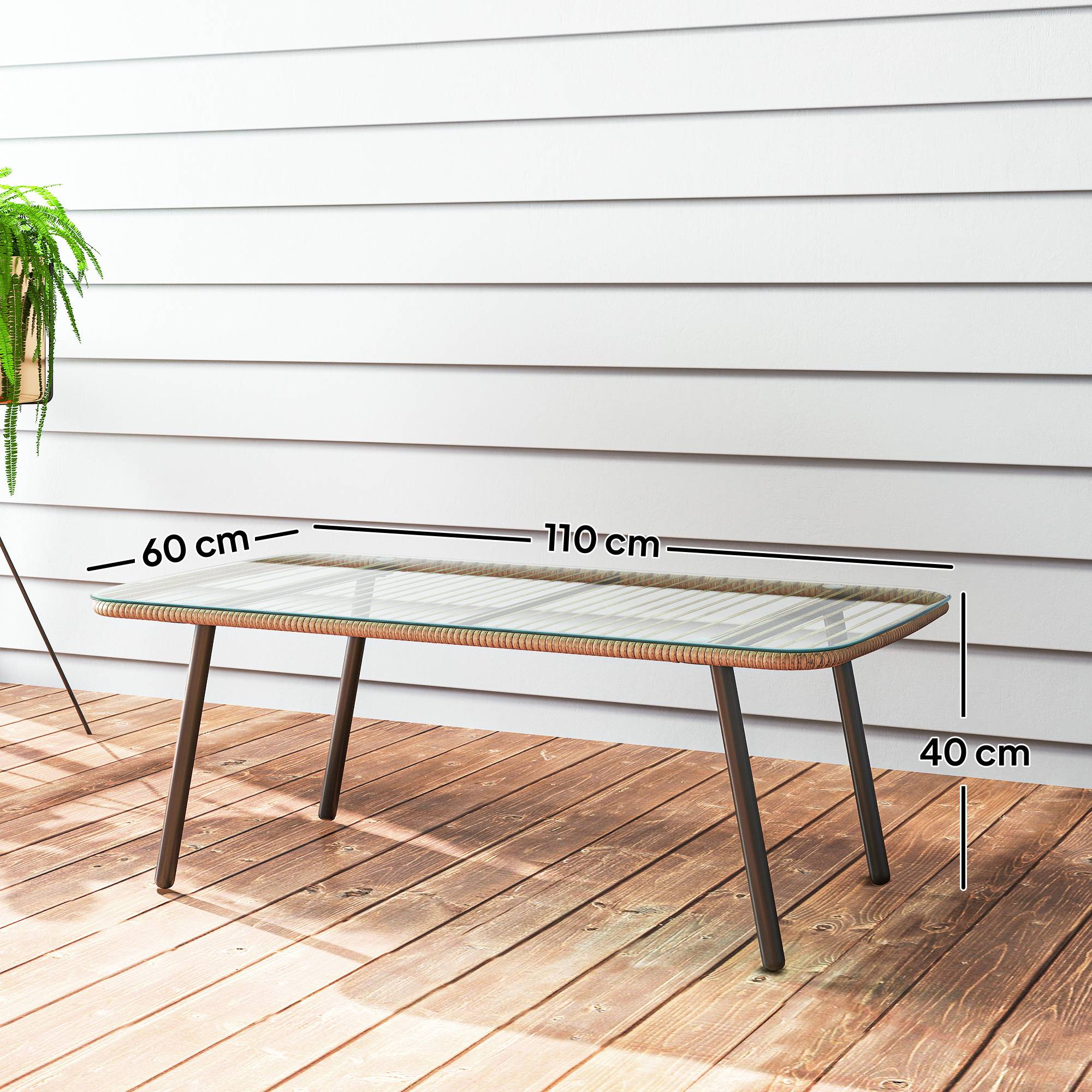 Table basse de jardin avec plateau verre trempé 5 mm, table d'appoint pour extérieur, cadre en acier, effet bois naturel - Image 5