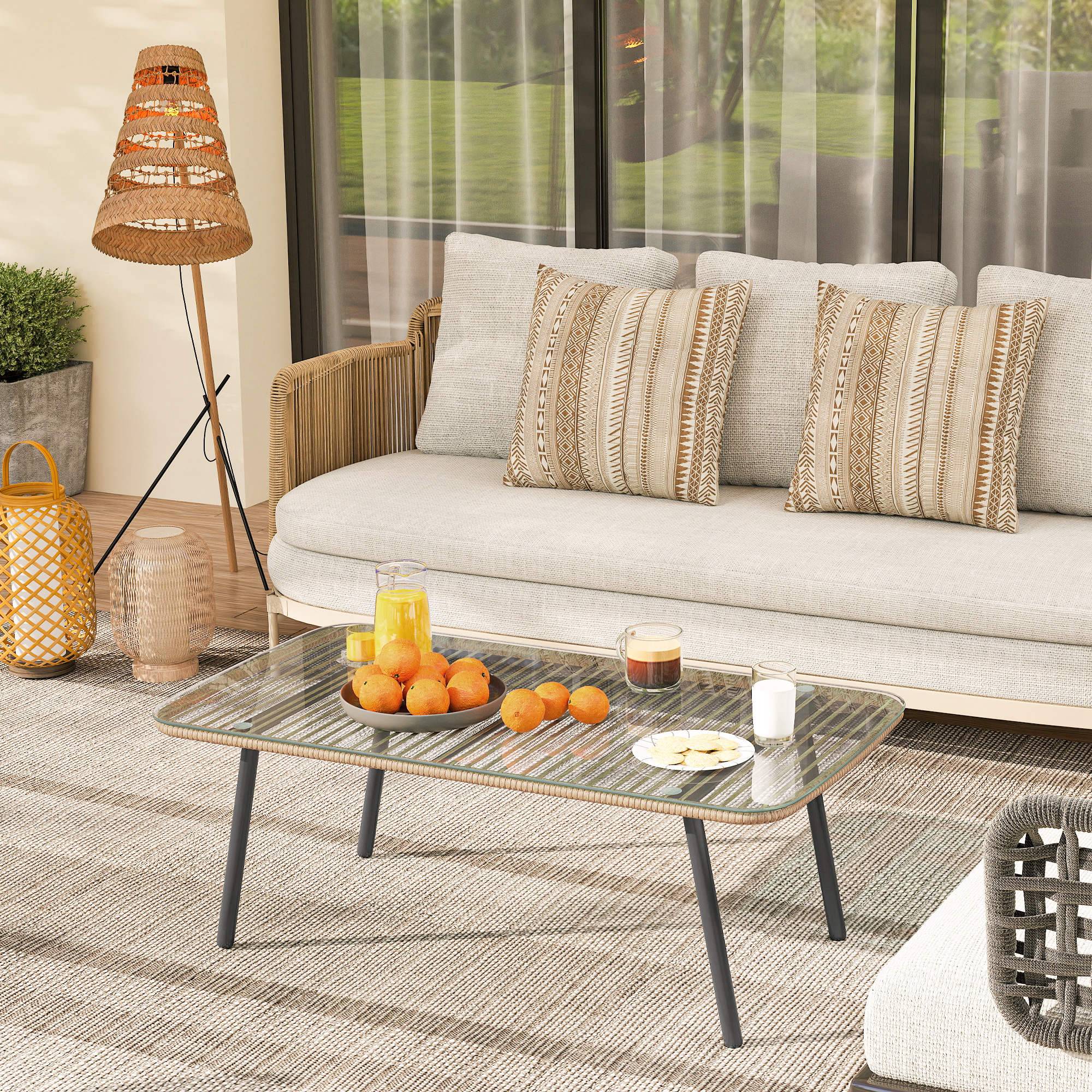 Table basse de jardin avec plateau verre trempé 5 mm, table d'appoint pour extérieur, cadre en acier, effet bois naturel - Image 3