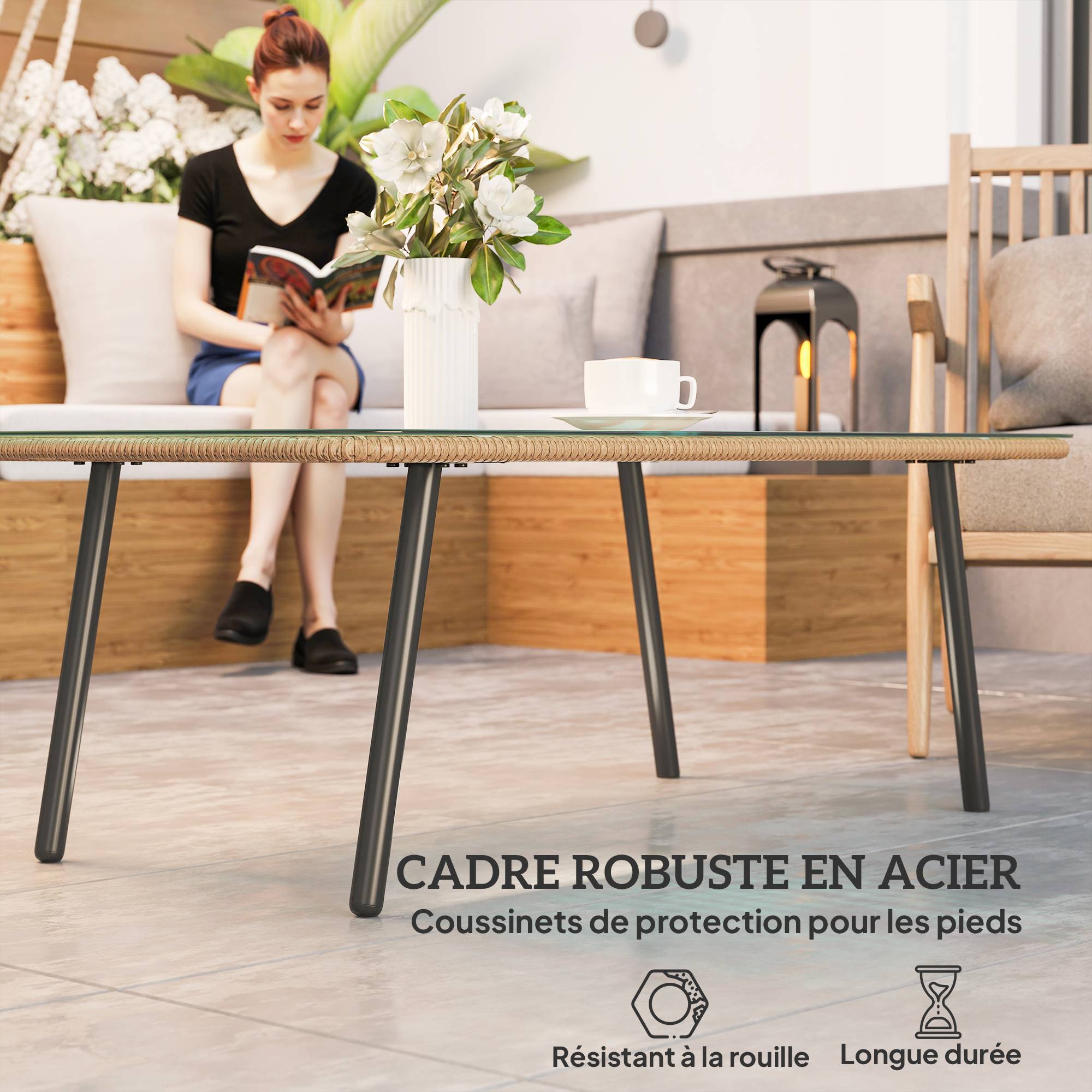 Table basse de jardin avec plateau verre trempé 5 mm, table d'appoint pour extérieur, cadre en acier, effet bois naturel - Image 8
