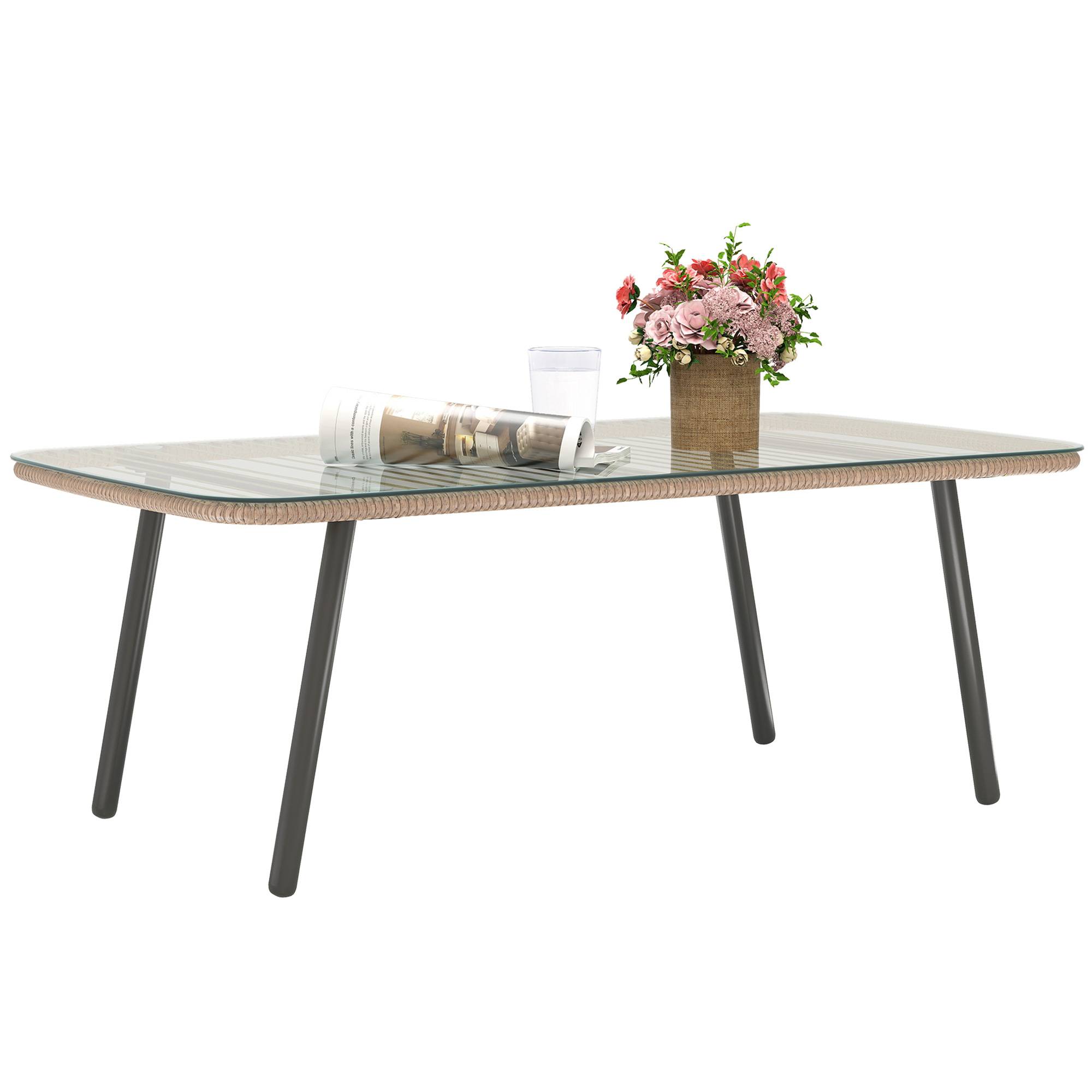Table basse de jardin avec plateau verre trempé 5 mm, table d'appoint pour extérieur, cadre en acier, effet bois naturel - Image 1