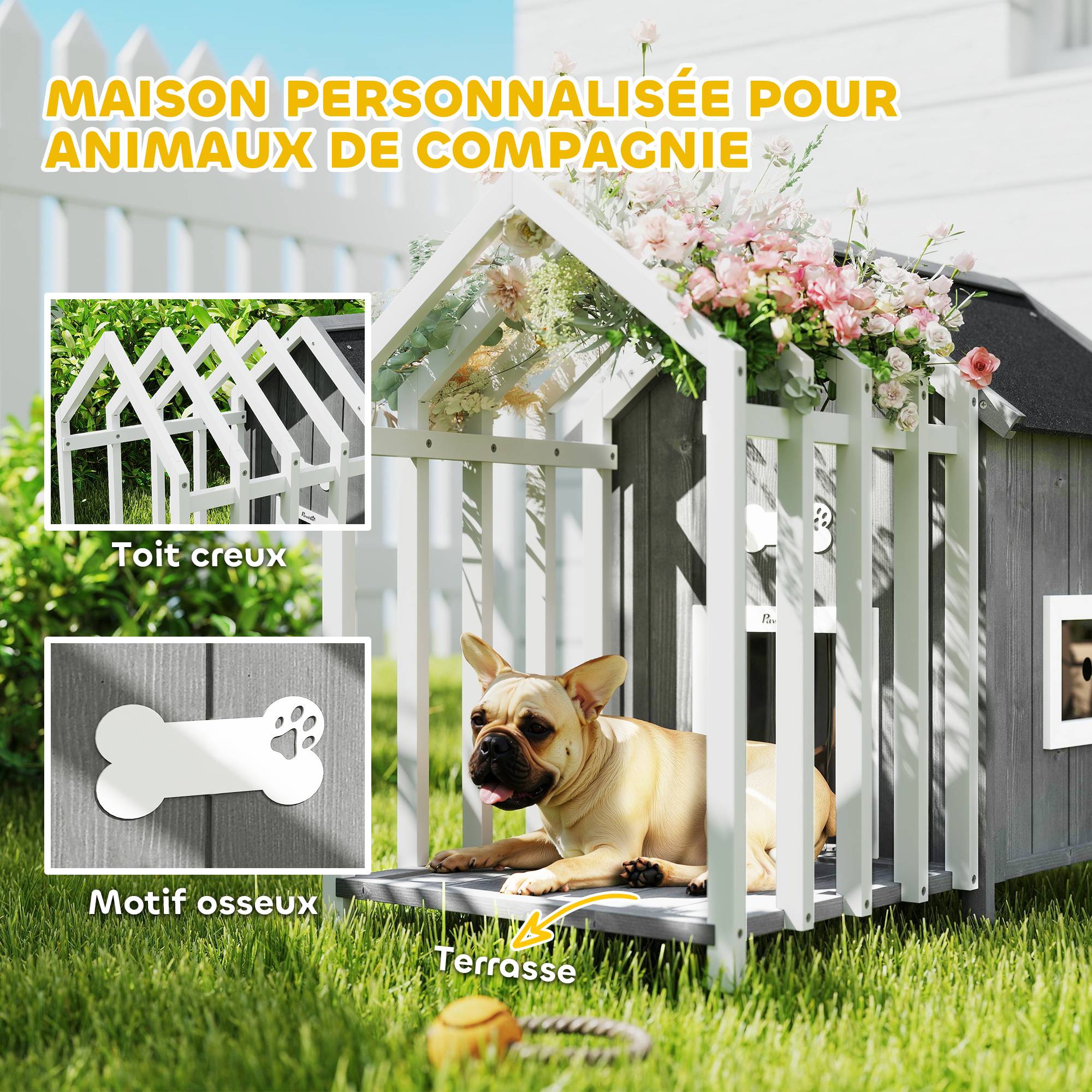 Sans Marque - Niche pour chien extérieur en bois maison chien extérieur avec terrasse, porte à lamelles, 106 x 62,5 x 80,5 cm, gris - Image 6
