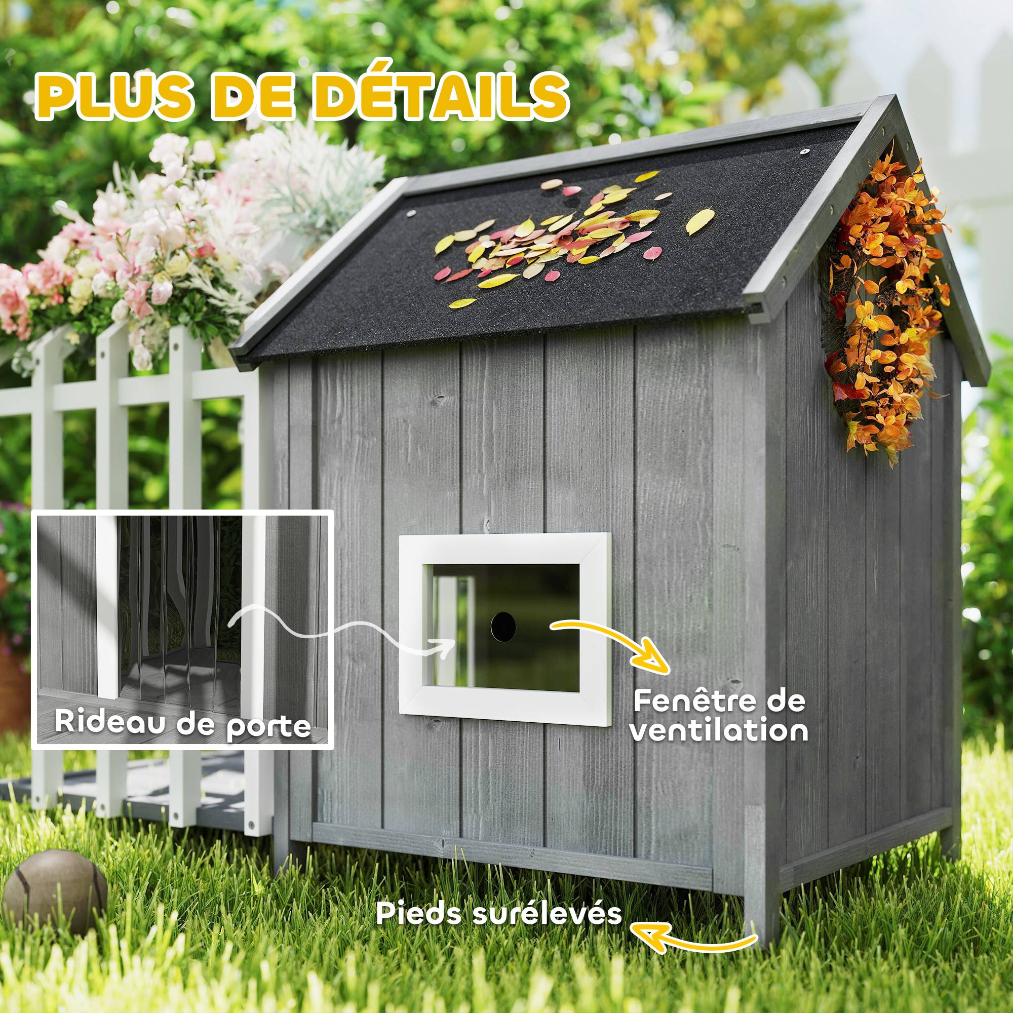 Sans Marque - Niche pour chien extérieur en bois maison chien extérieur avec terrasse, porte à lamelles, 106 x 62,5 x 80,5 cm, gris - Image 8