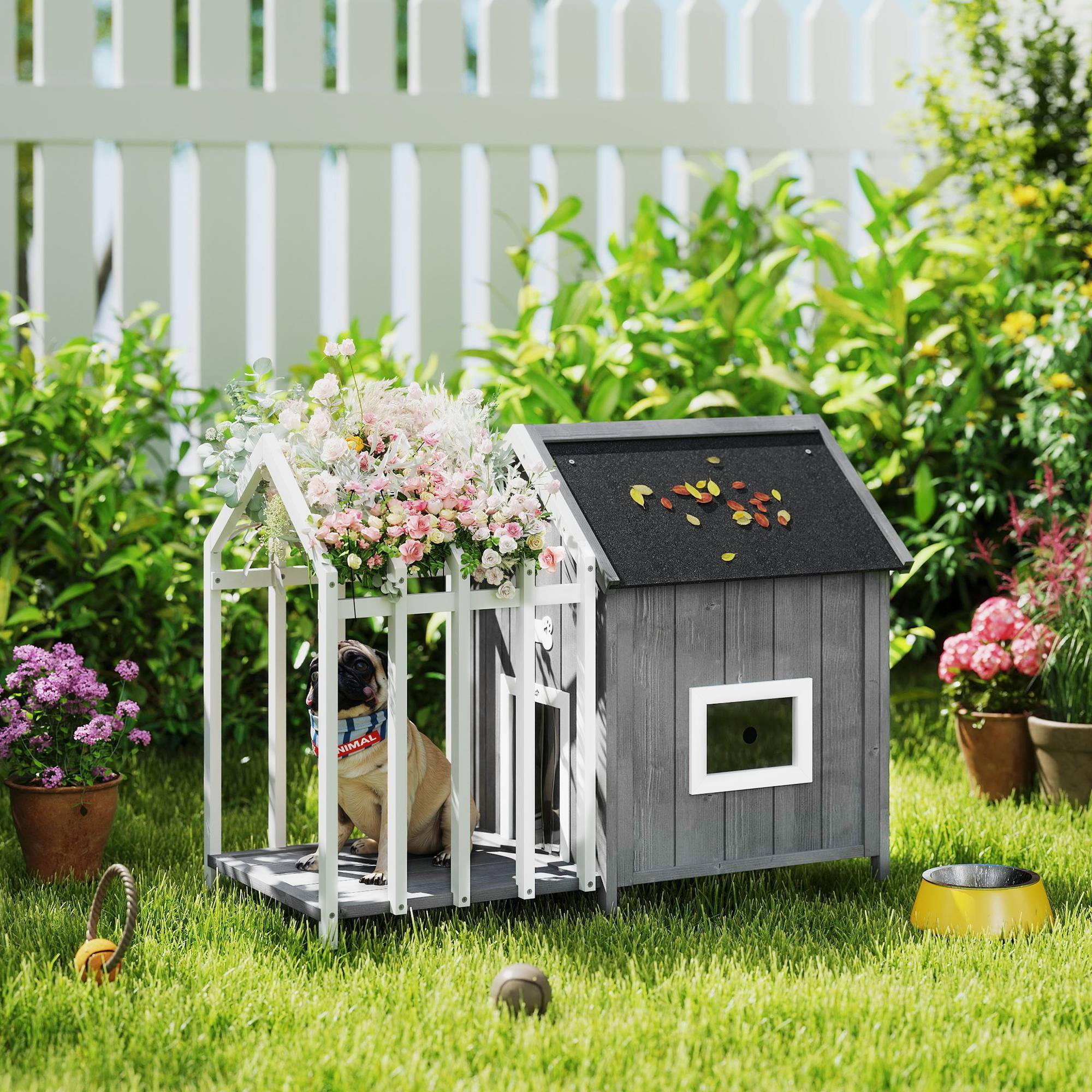 Sans Marque - Niche pour chien extérieur en bois maison chien extérieur avec terrasse, porte à lamelles, 106 x 62,5 x 80,5 cm, gris - Image 3