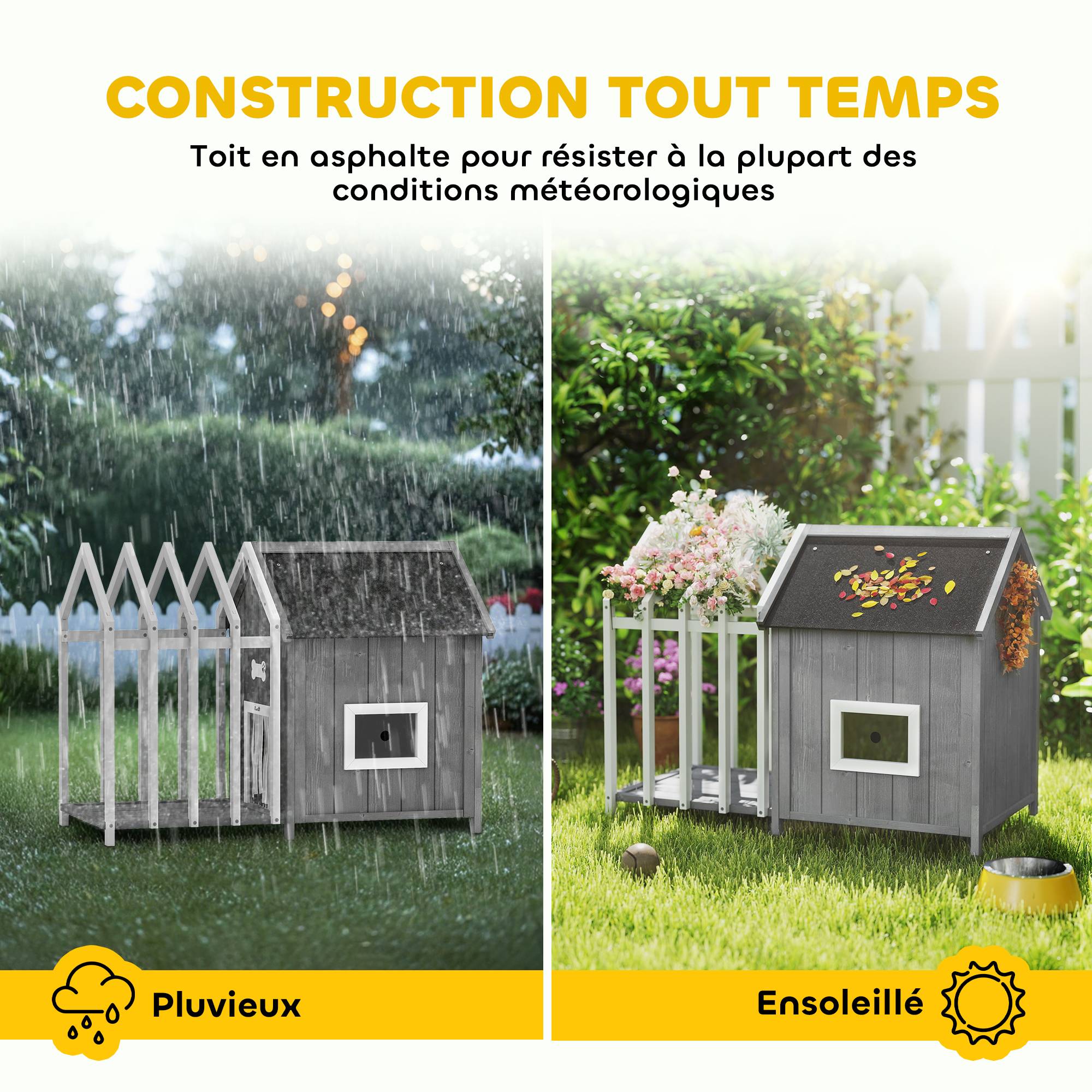 Sans Marque - Niche pour chien extérieur en bois maison chien extérieur avec terrasse, porte à lamelles, 106 x 62,5 x 80,5 cm, gris - Image 7