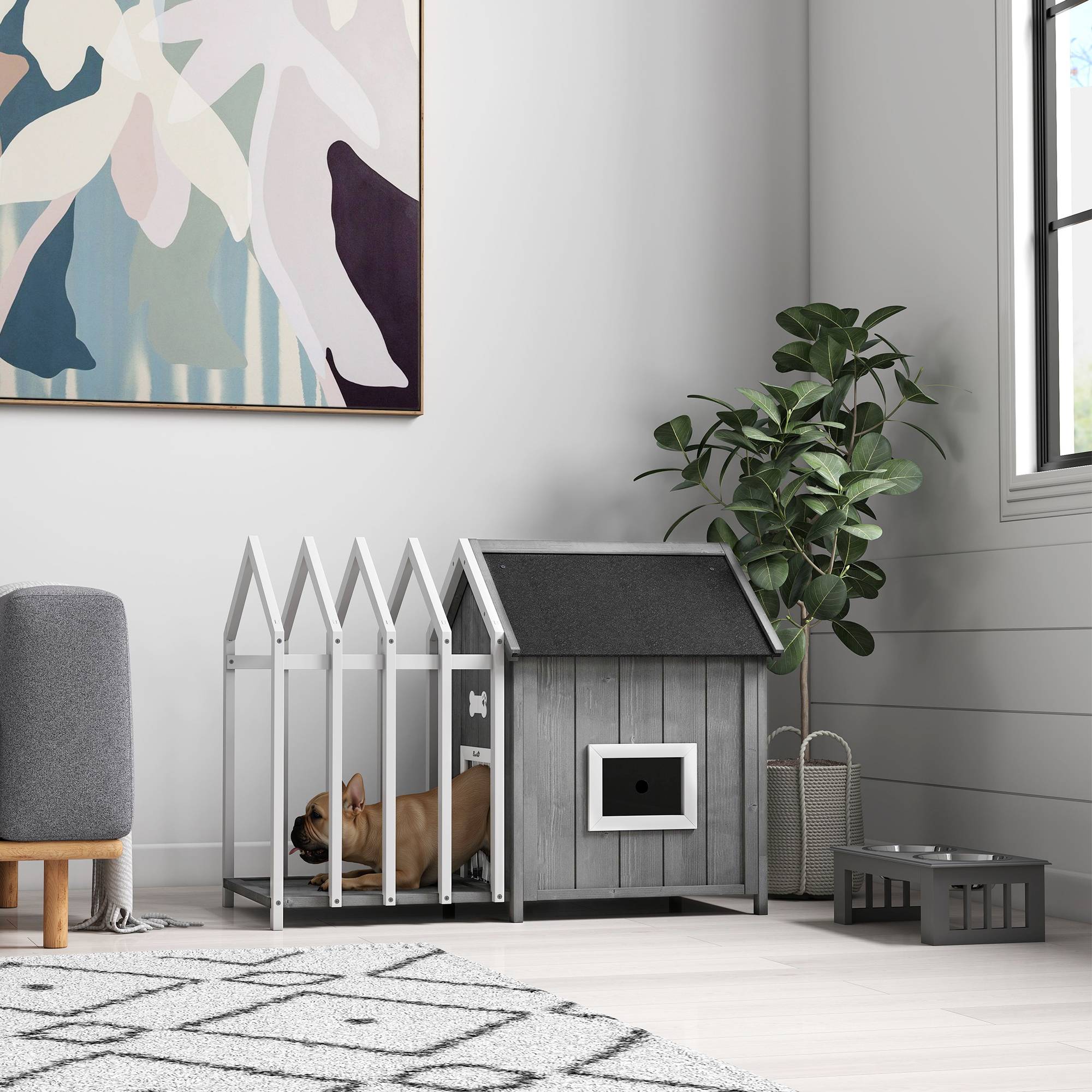 Sans Marque - Niche pour chien extérieur en bois maison chien extérieur avec terrasse, porte à lamelles, 106 x 62,5 x 80,5 cm, gris - Image 10