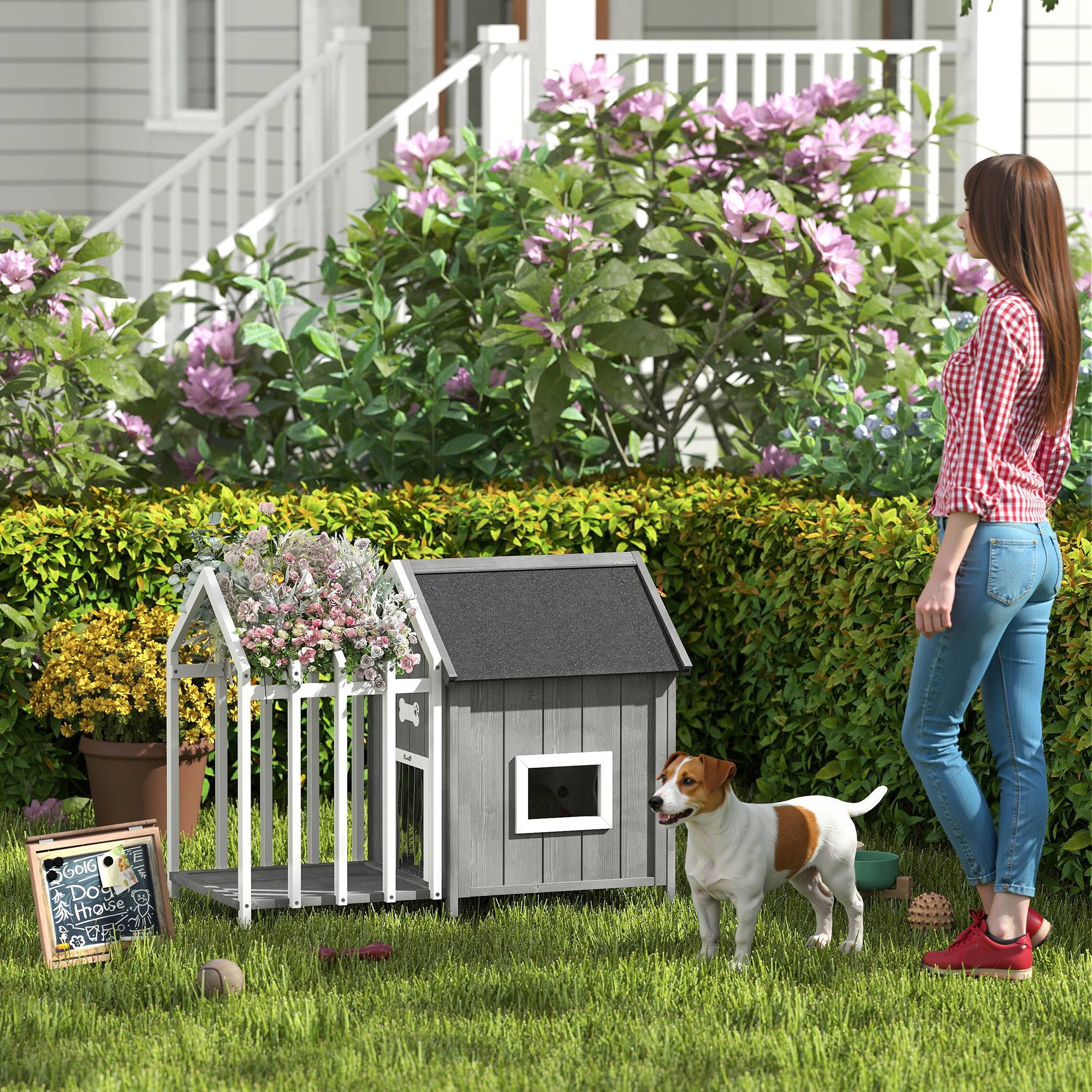 Sans Marque - Niche pour chien extérieur en bois maison chien extérieur avec terrasse, porte à lamelles, 106 x 62,5 x 80,5 cm, gris - Image 4