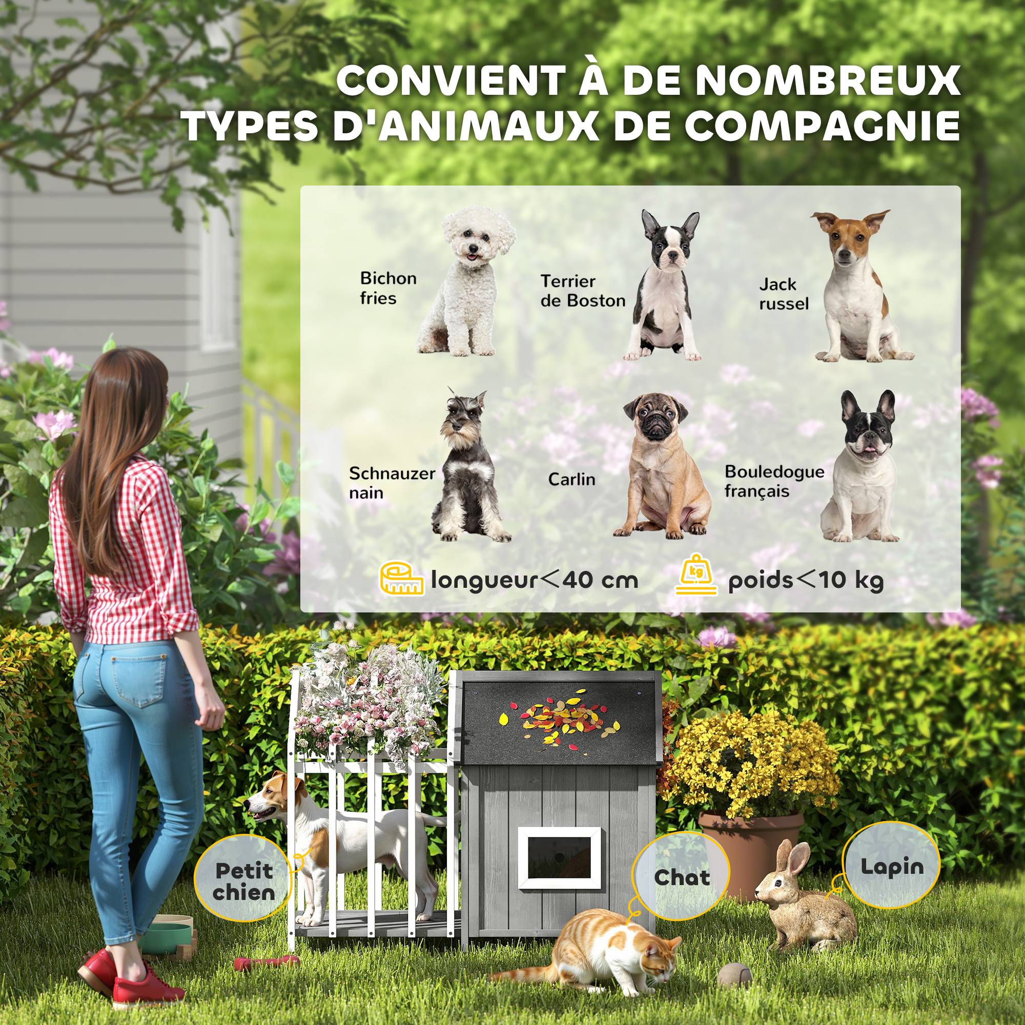 Sans Marque - Niche pour chien extérieur en bois maison chien extérieur avec terrasse, porte à lamelles, 106 x 62,5 x 80,5 cm, gris - Image 9