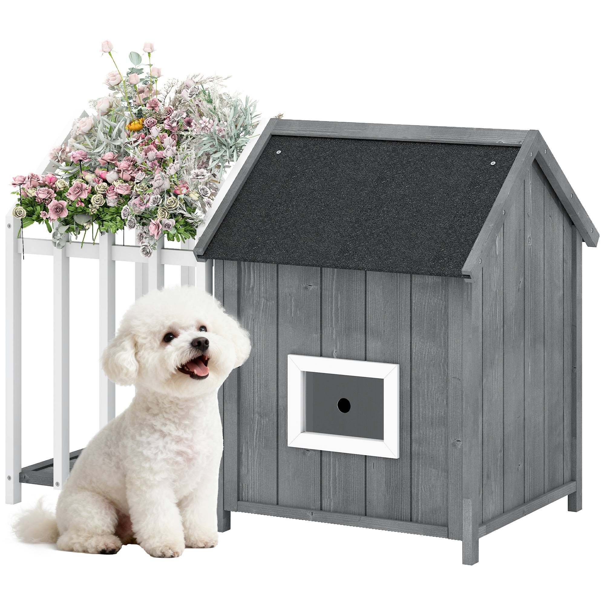 Sans Marque - Niche pour chien extérieur en bois maison chien extérieur avec terrasse, porte à lamelles, 106 x 62,5 x 80,5 cm, gris - Image 1