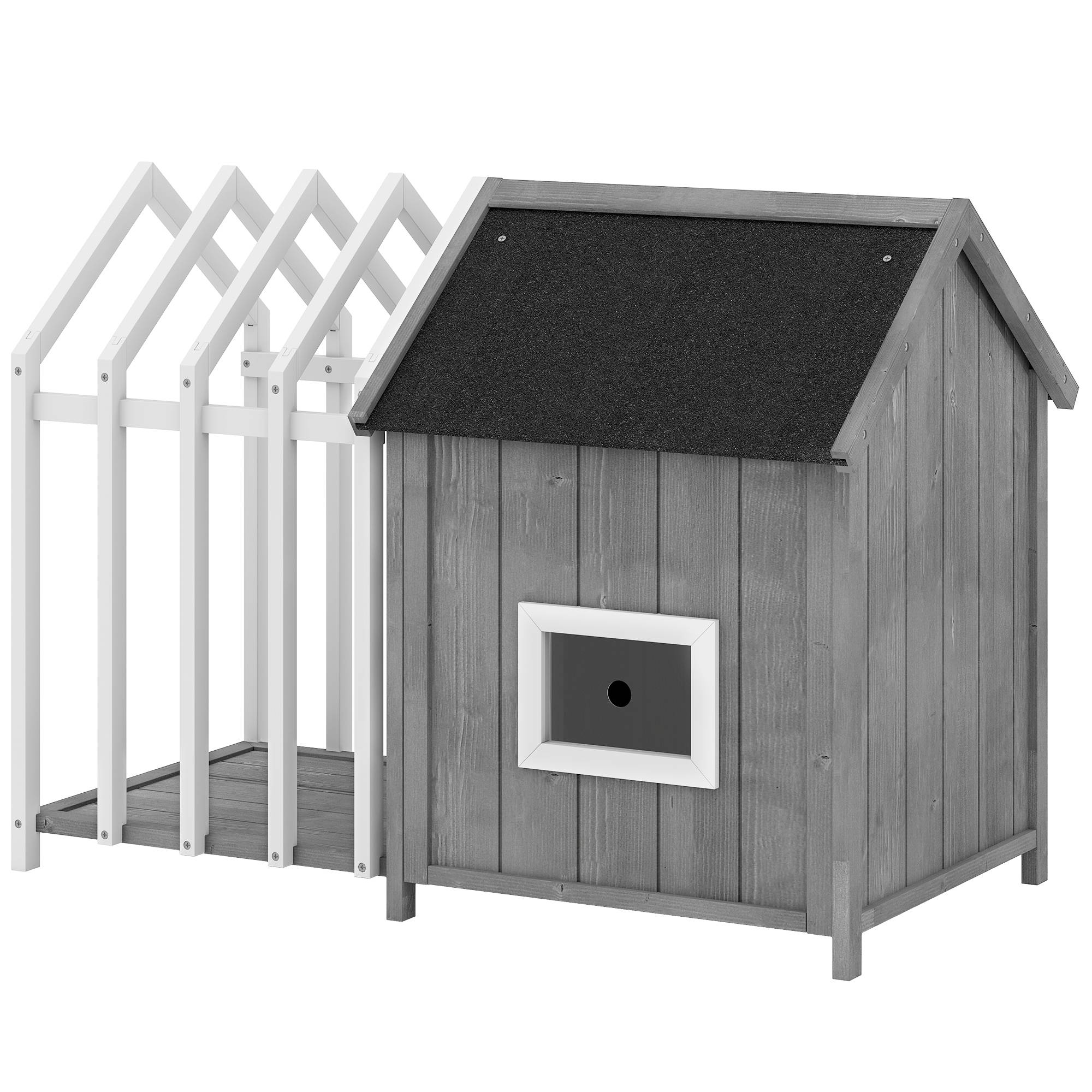Sans Marque - Niche pour chien extérieur en bois maison chien extérieur avec terrasse, porte à lamelles, 106 x 62,5 x 80,5 cm, gris - Image 2