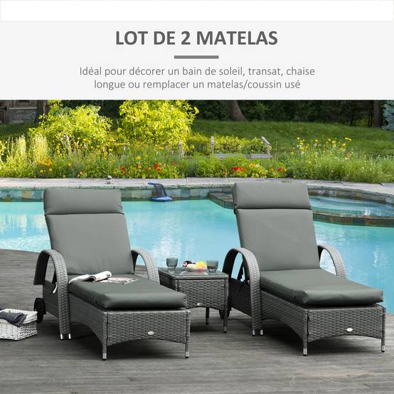Lot de 2 Matelas pour Chaise Longue transat Bain de Soleil avec Sangles d'attache pour Jardin MATELAS UNIQUEMENT dim.196L x 55l cm Gris foncé - Image 6
