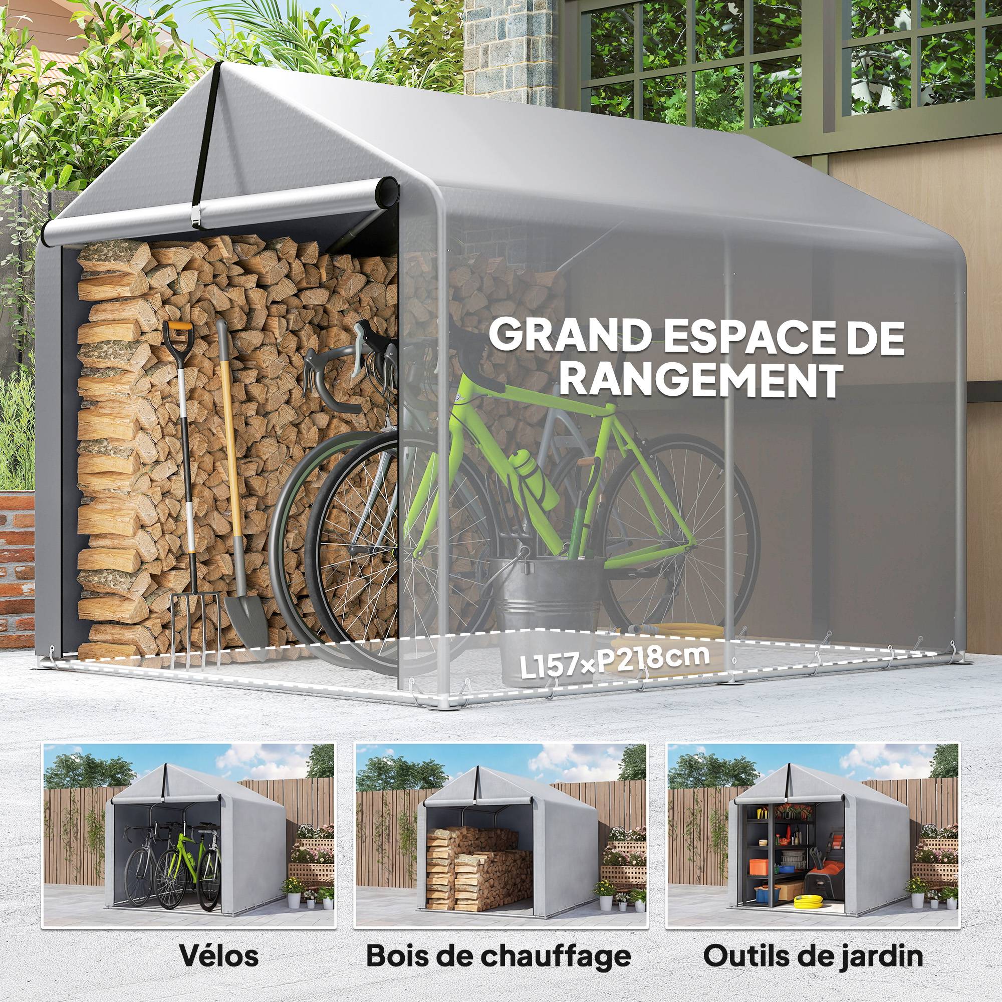 ComfortXL - Tente de stockage PE abri vélos motos porte enroulable 162x221x163cm gris clair - ComfortXL Outdoor Living - Image 8