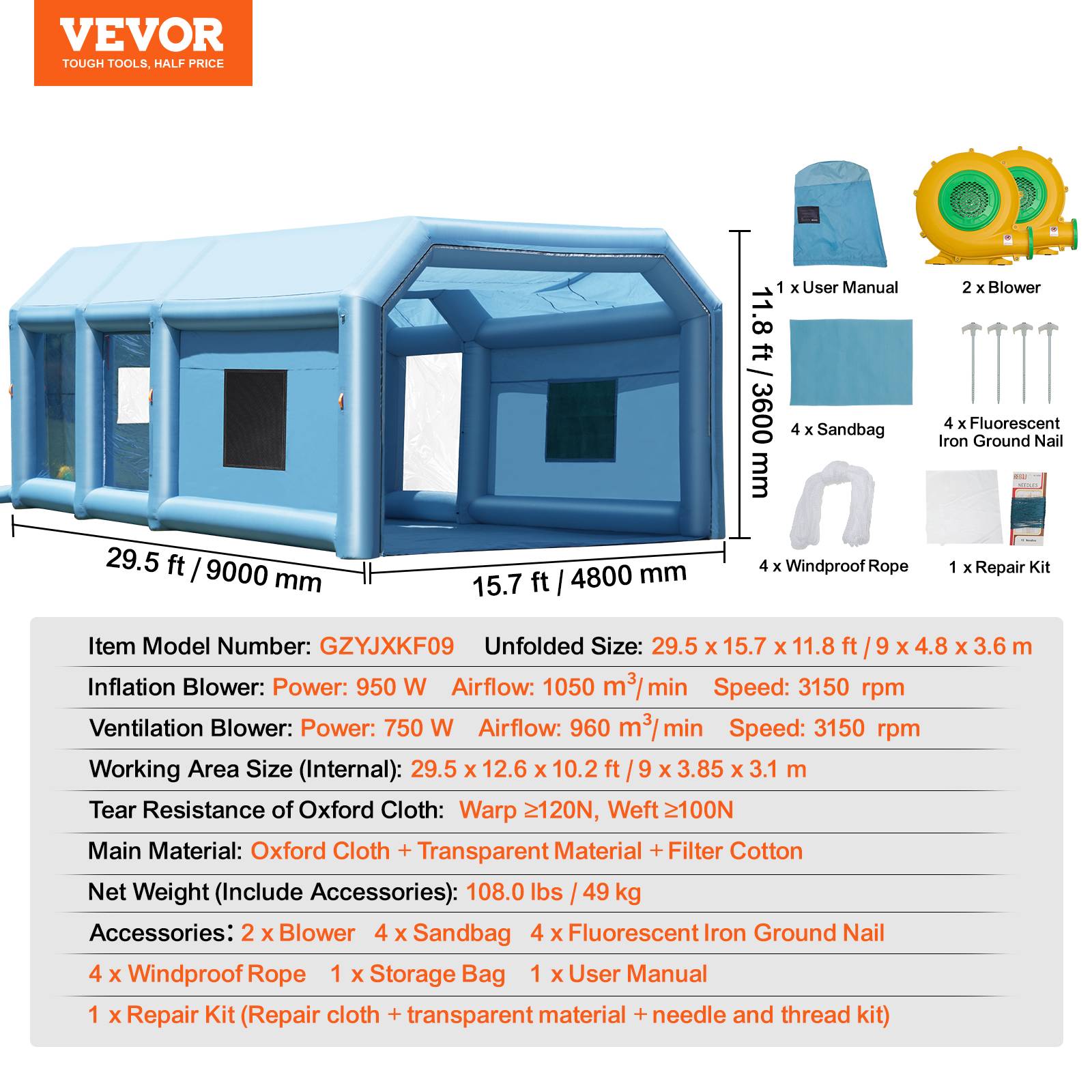 VEVOR Cabine peinture gonflable 9x4.8x3.6m, souffleurs 950+750W avec filtration, station de travail atelier. - Image 7