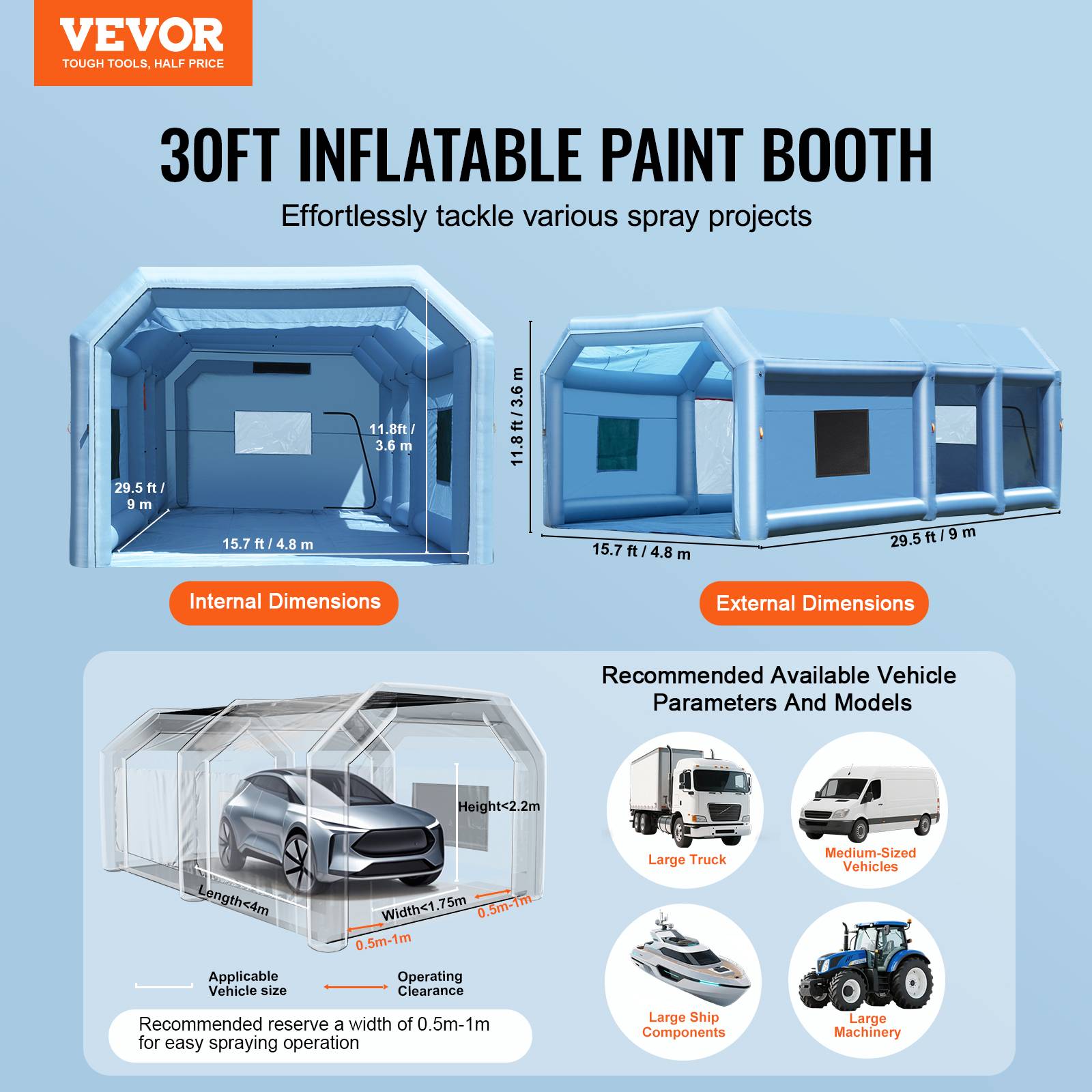 VEVOR Cabine peinture gonflable 9x4.8x3.6m, souffleurs 950+750W avec filtration, station de travail atelier. - Image 2