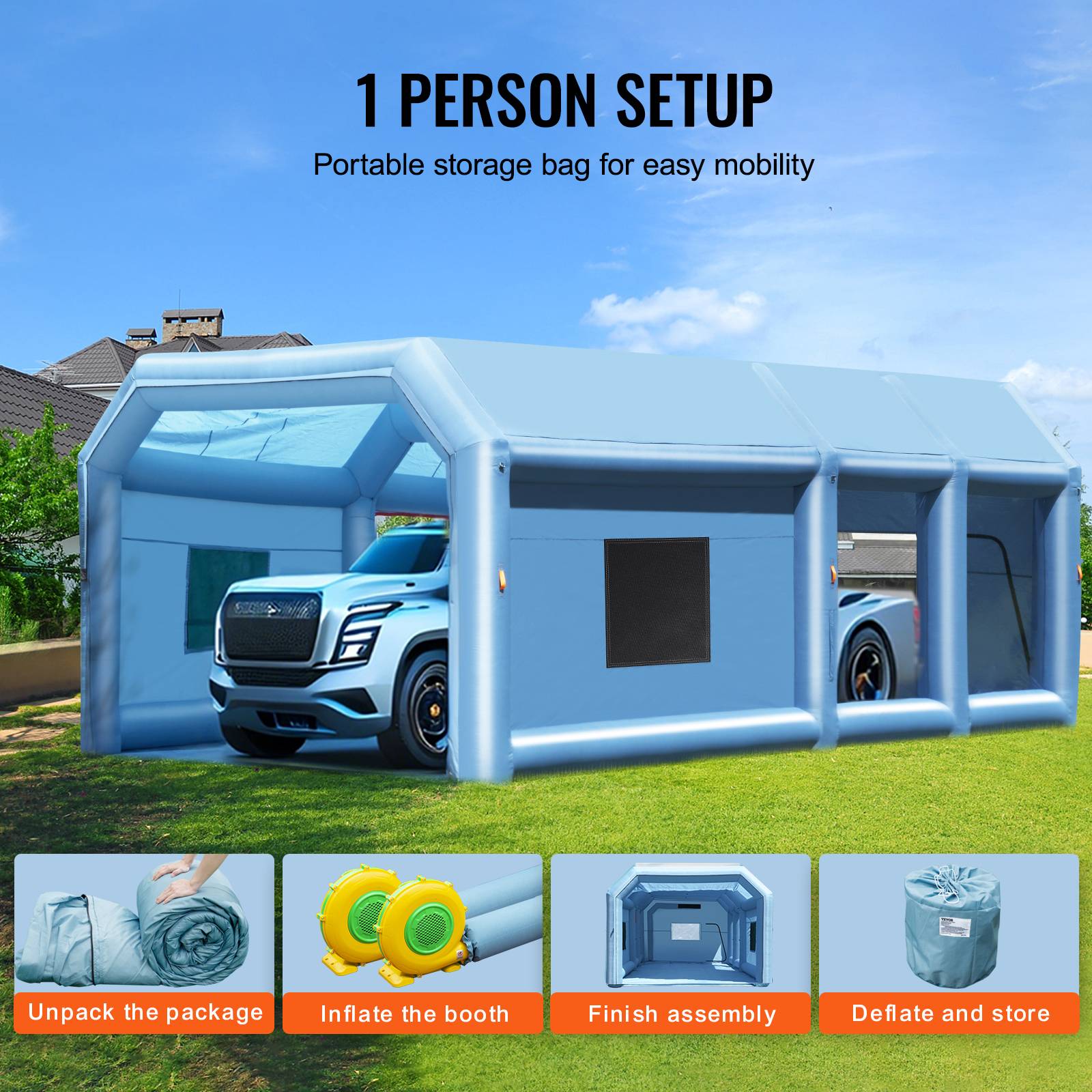 VEVOR Cabine peinture gonflable 9x4.8x3.6m, souffleurs 950+750W avec filtration, station de travail atelier. - Image 6