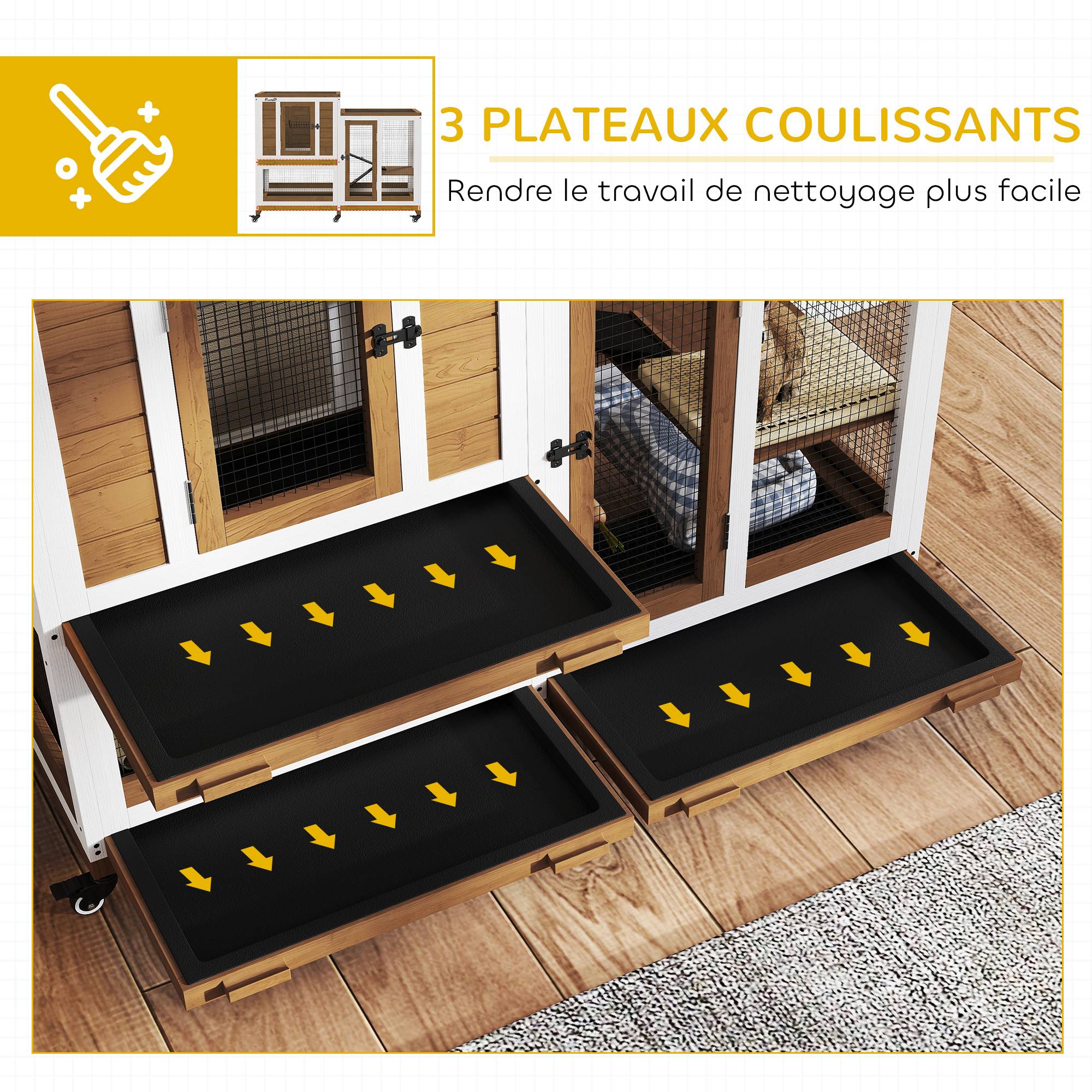 Clapier lapin intérieur cage lapin en bois design de luxe 3 niveaux avec 3 plateaux amovibles 110 x 50 x 86 cm marron - Image 8