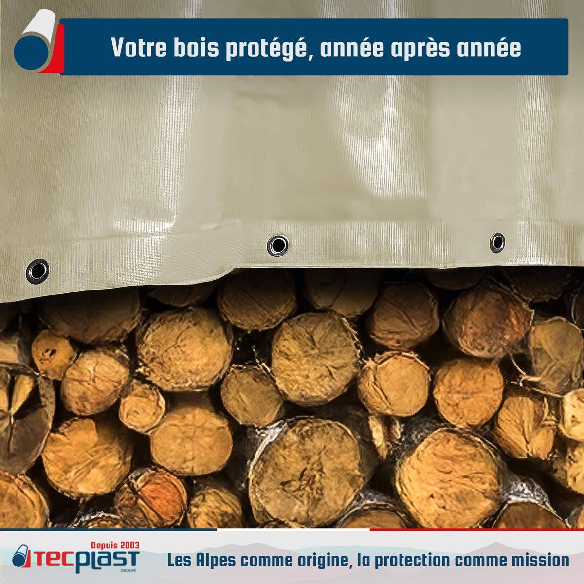 Bâche Bois 3,5x4 m LP506BO Blanc Crème - Garantie 5 ans - Bâche de protection étanche en PVC pour Bois de chauffage TECPLAST - Image 2
