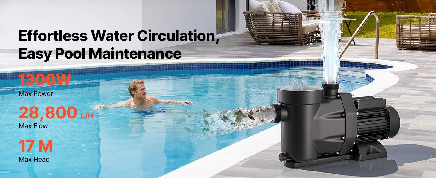 Vevor - VEVOR Pompe piscine 1300 W, 28 800 L/h, hauteur 17 m, monovitesse, panier filtrant, minuterie 24 h, 220-240 V CA. - Image 9