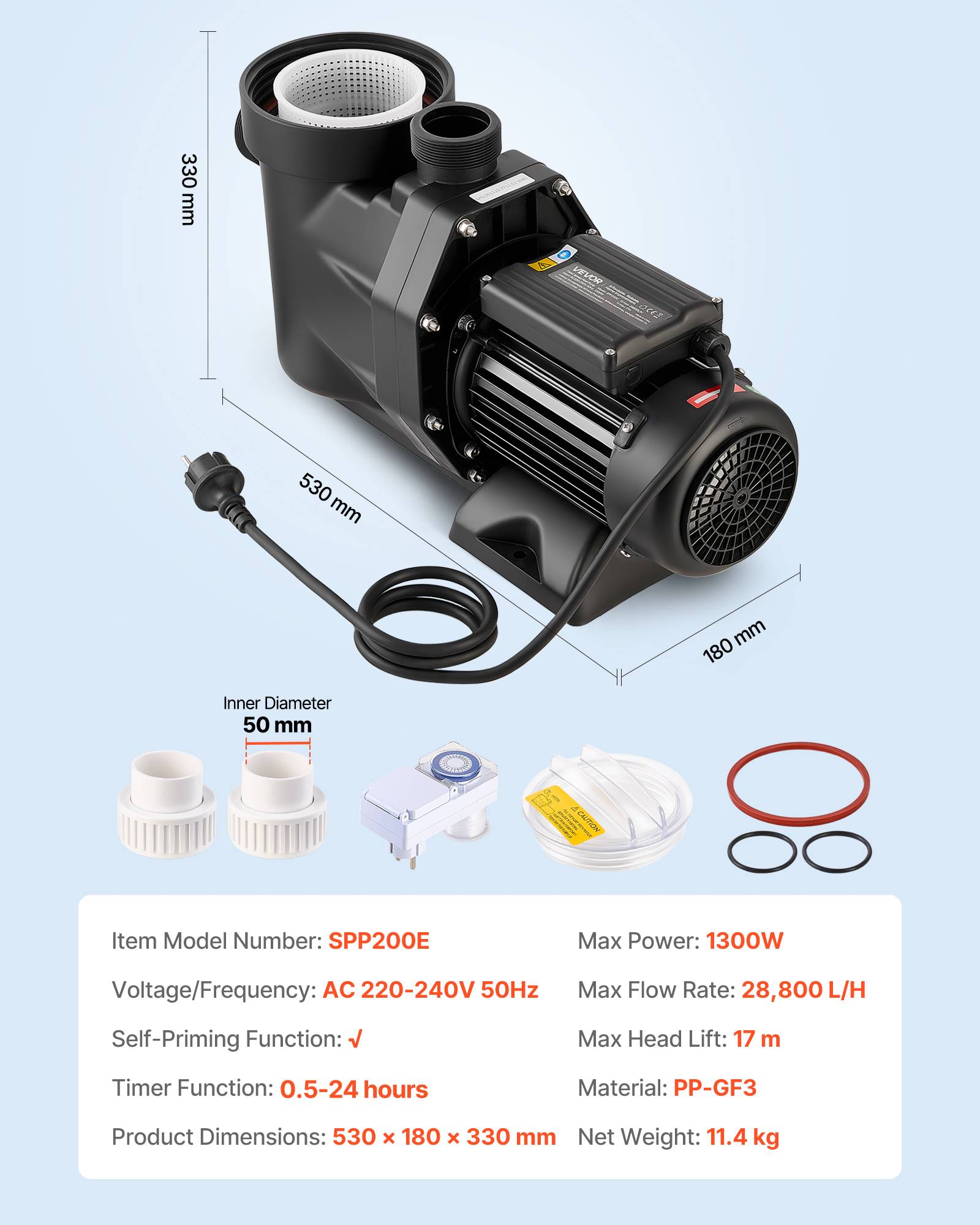 Vevor - VEVOR Pompe piscine 1300 W, 28 800 L/h, hauteur 17 m, monovitesse, panier filtrant, minuterie 24 h, 220-240 V CA. - Image 6