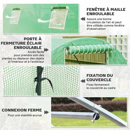 Outsunny - Serre de Jardin Tunnel 9m² 3x3x2m 4 fenêtres porte zippée enroulable châssis acier galvanisé bâche PE haute densité vert - Outsunny - Image 5