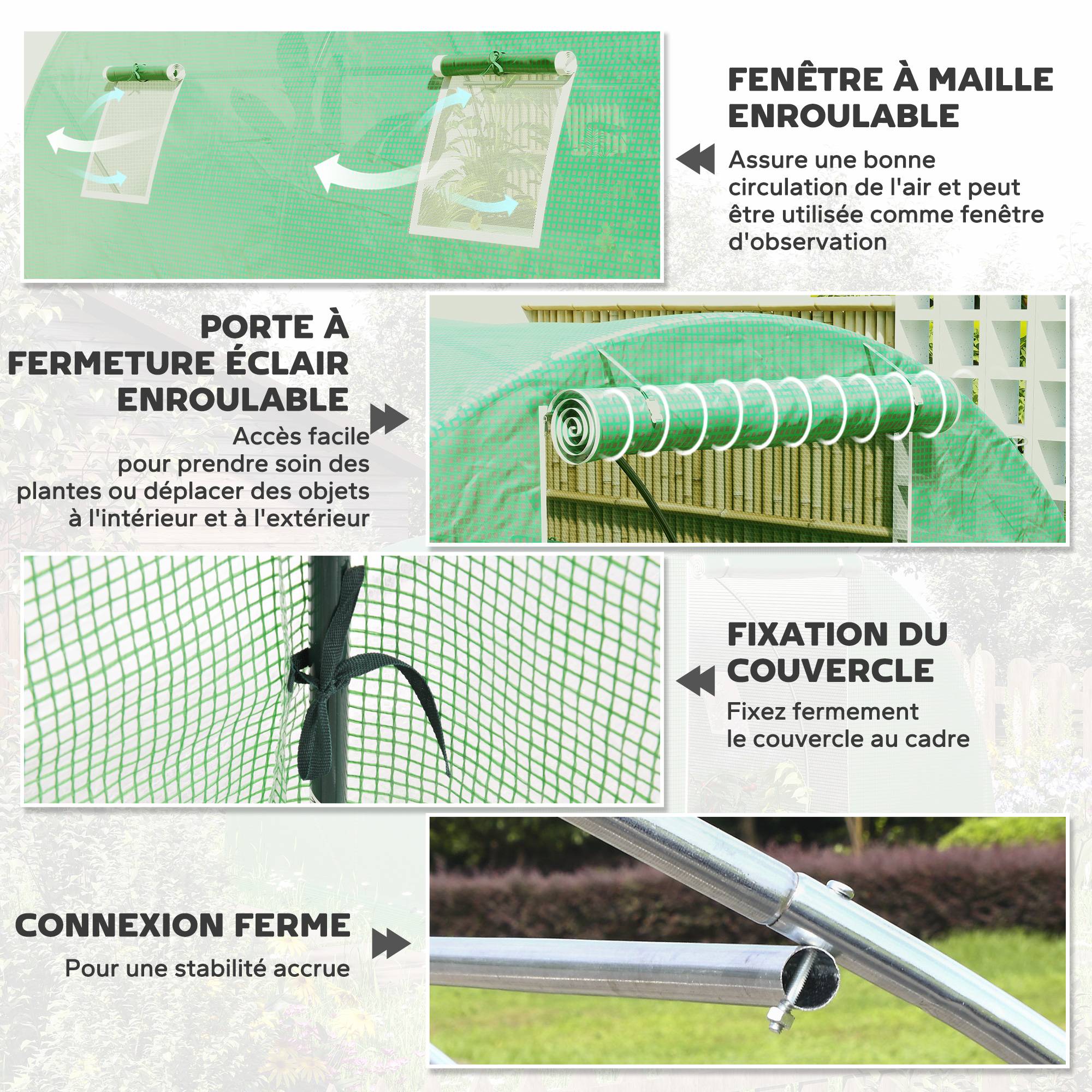 Outsunny - Serre de Jardin Tunnel 9m² 3x3x2m 4 fenêtres porte zippée enroulable châssis acier galvanisé bâche PE haute densité vert - Outsunny - Image 5