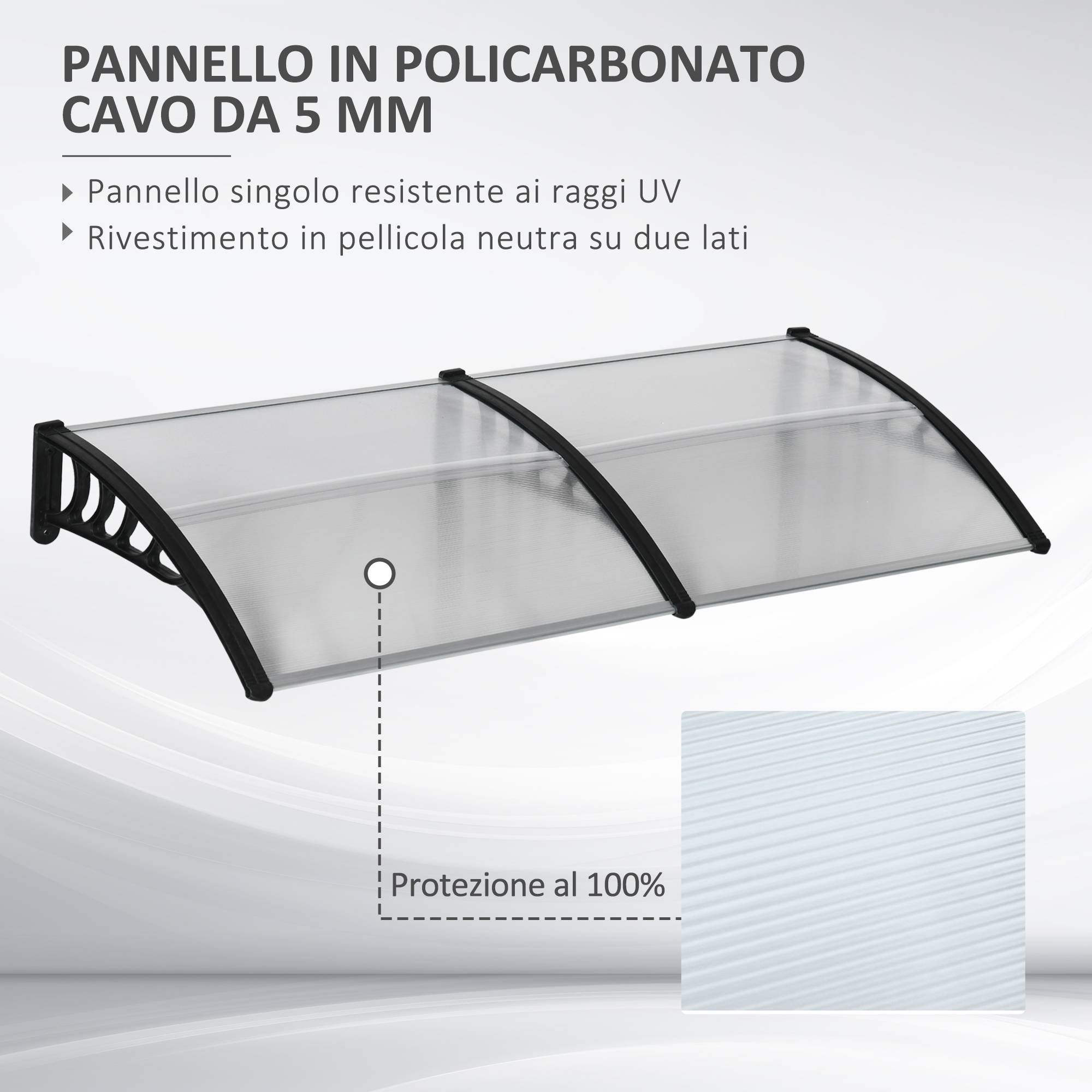 Auvent extérieur pour fenêtres et portes en polycarbonate et aluminium, 200 x 96 x 27 cm, transparent - Image 6