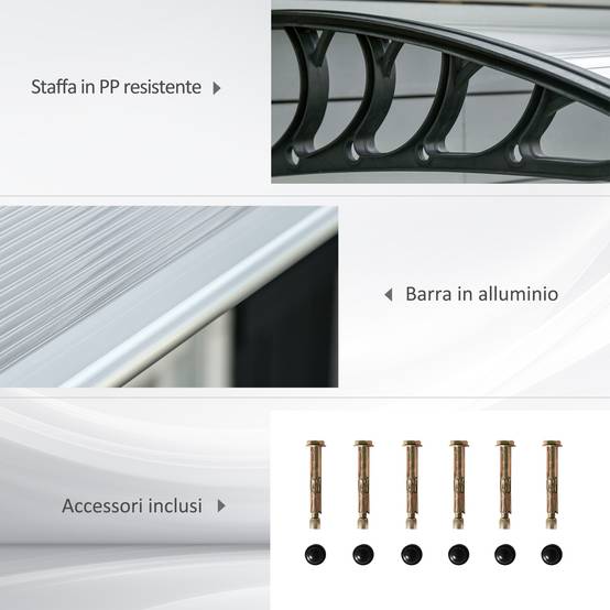 Auvent extérieur pour fenêtres et portes en polycarbonate et aluminium, 200 x 96 x 27 cm, transparent - Image 7