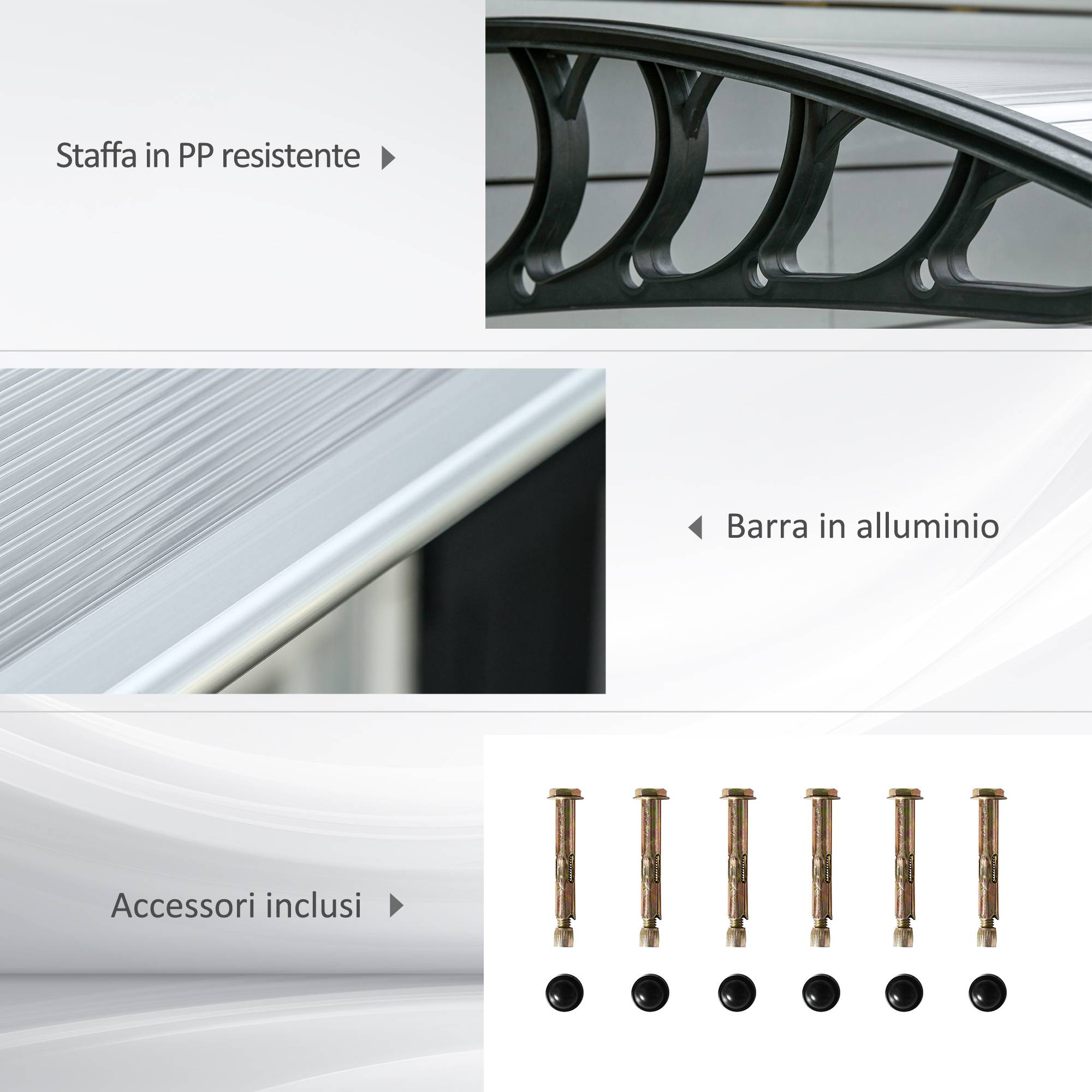 Auvent extérieur pour fenêtres et portes en polycarbonate et aluminium, 200 x 96 x 27 cm, transparent - Image 7