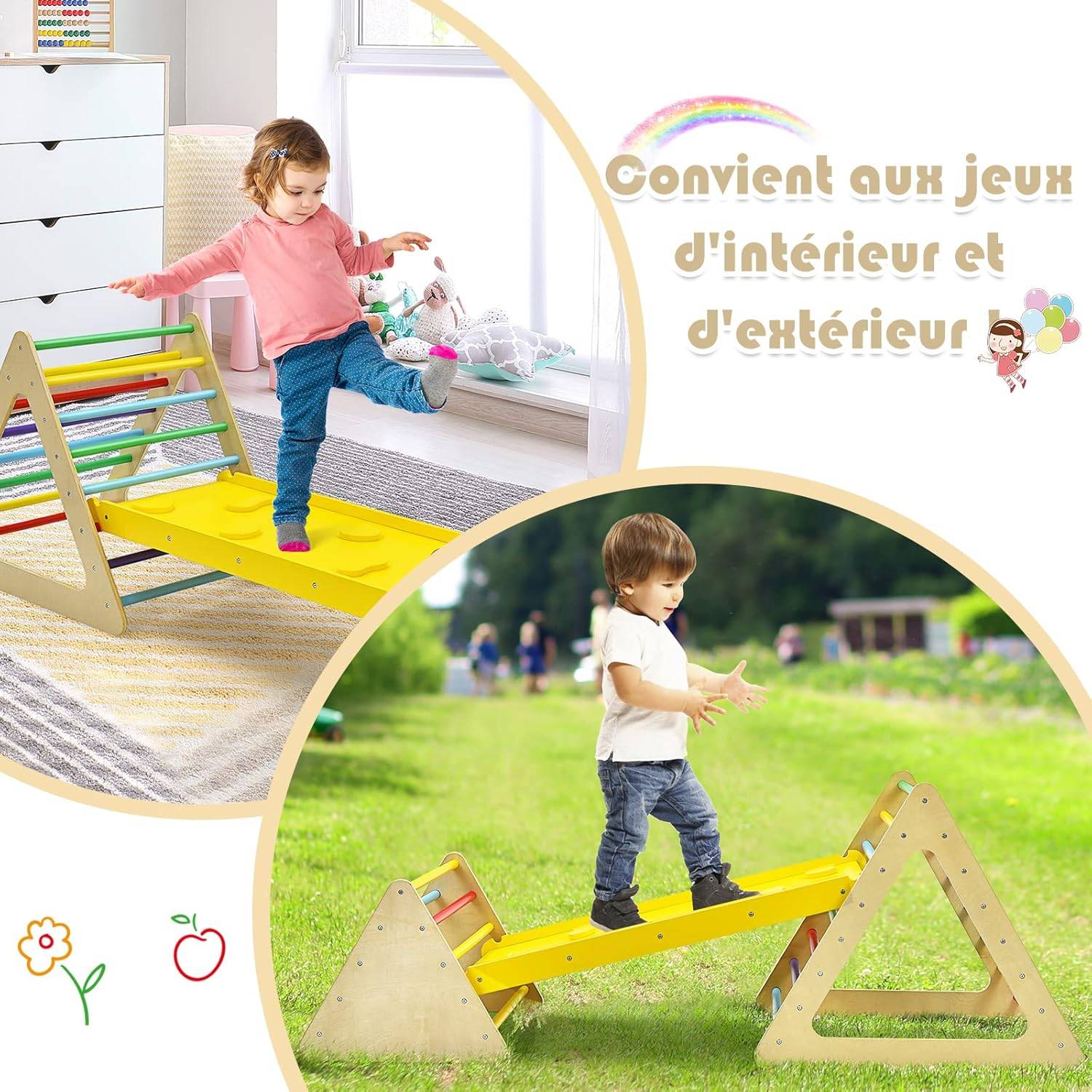 COSTWAY 3 en 1 Triangle d'escalade Enfants avec Rampe, 2 Échelle d'escalade Triangle en Bois pour Glisser et Grimper, Charge Max 60KG - Image 6