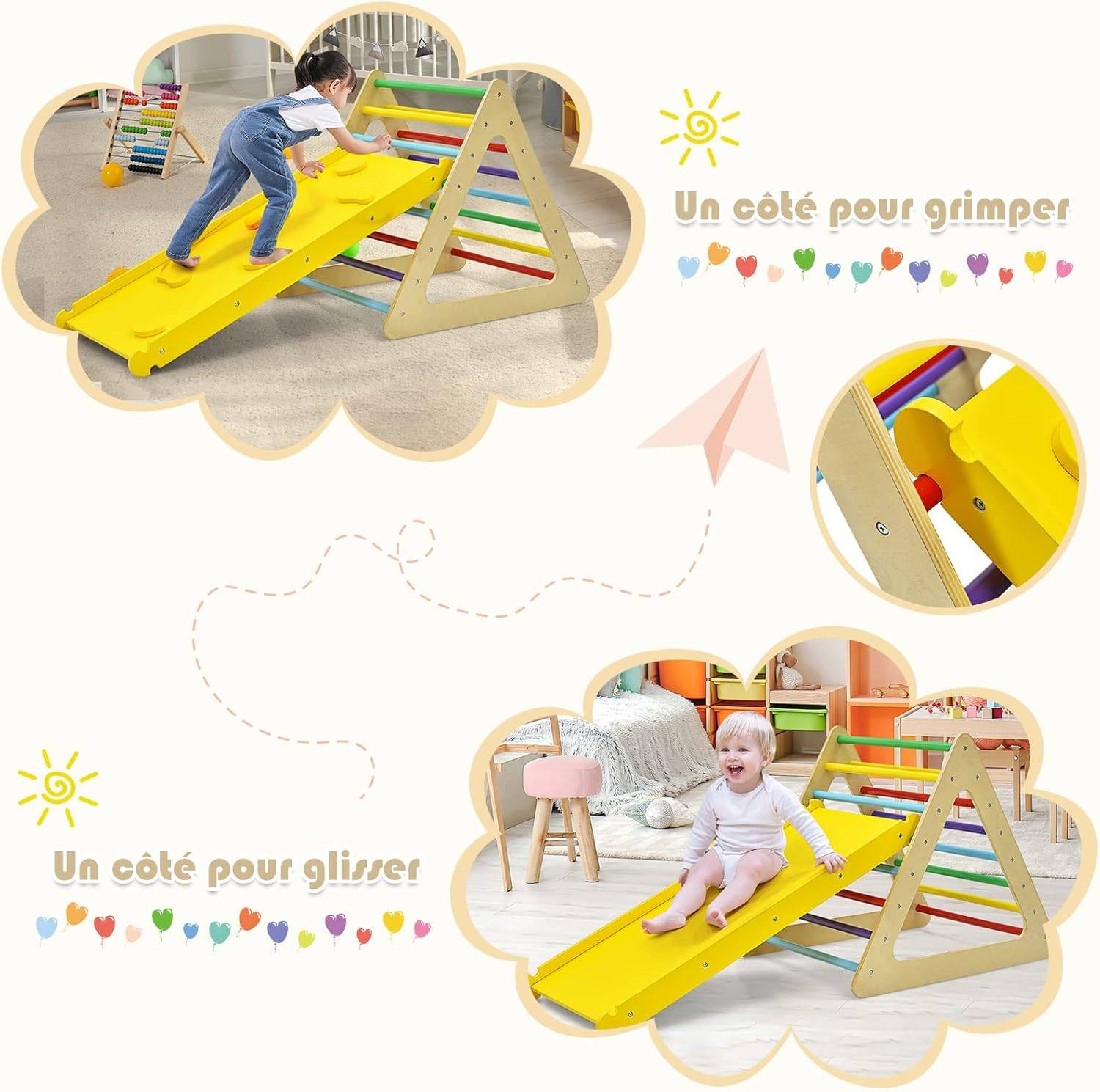 COSTWAY 3 en 1 Triangle d'escalade Enfants avec Rampe, 2 Échelle d'escalade Triangle en Bois pour Glisser et Grimper, Charge Max 60KG - Image 2