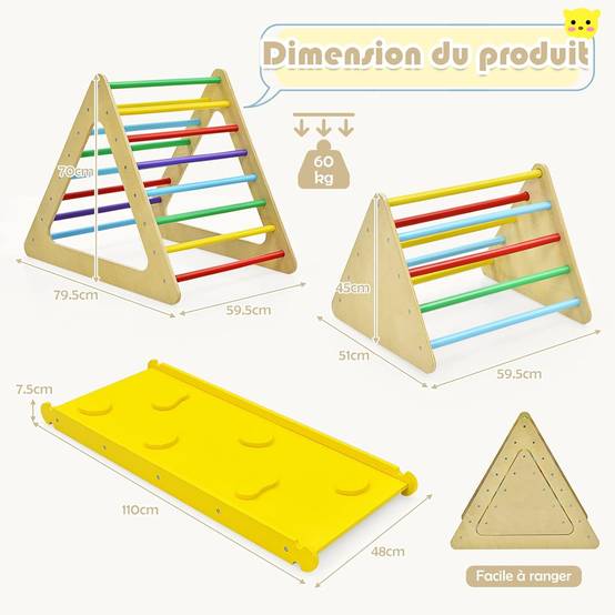 COSTWAY 3 en 1 Triangle d'escalade Enfants avec Rampe, 2 Échelle d'escalade Triangle en Bois pour Glisser et Grimper, Charge Max 60KG - Image 4